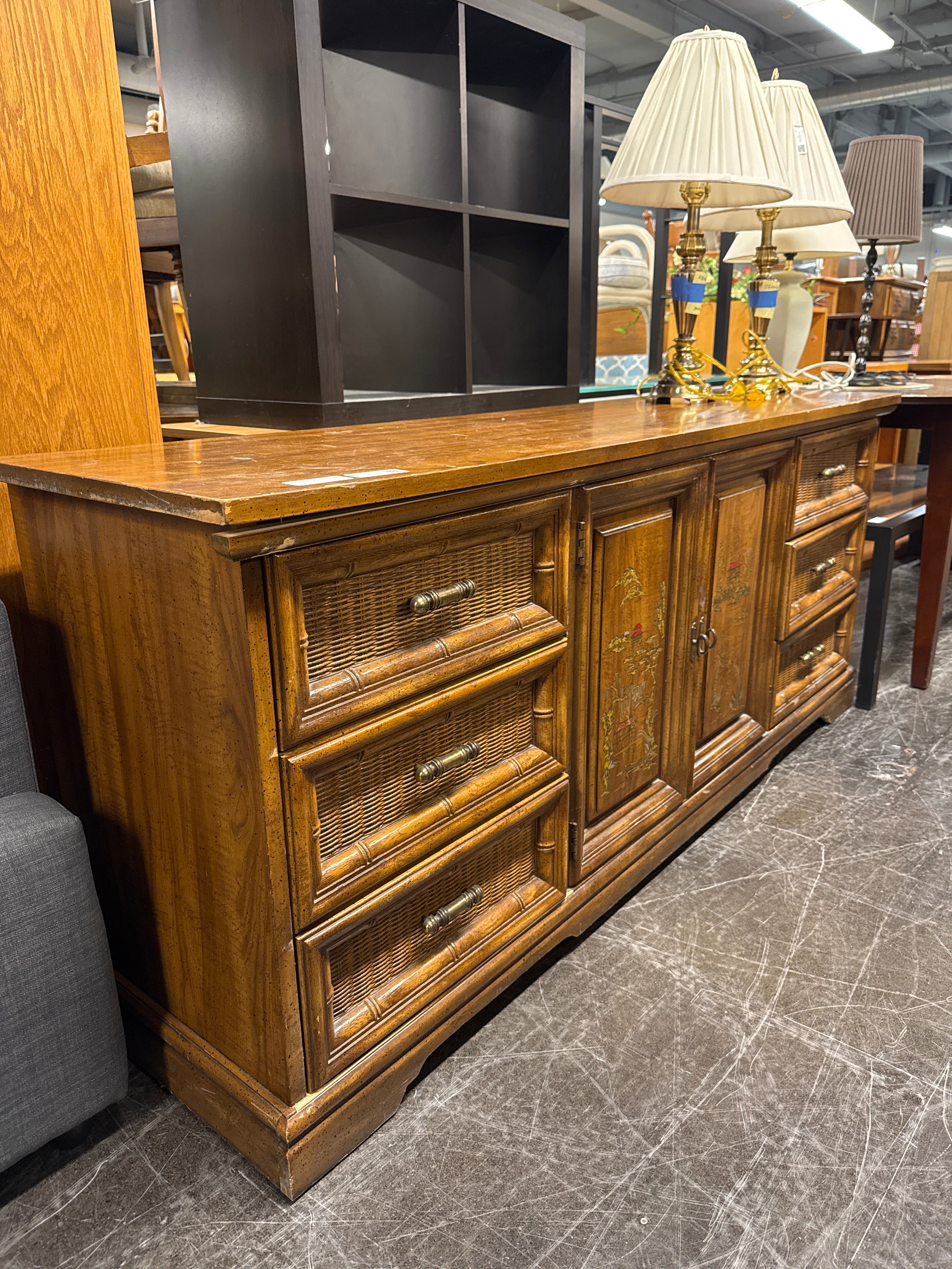 Vintage Bamboo Style Dresser with Carved Panels