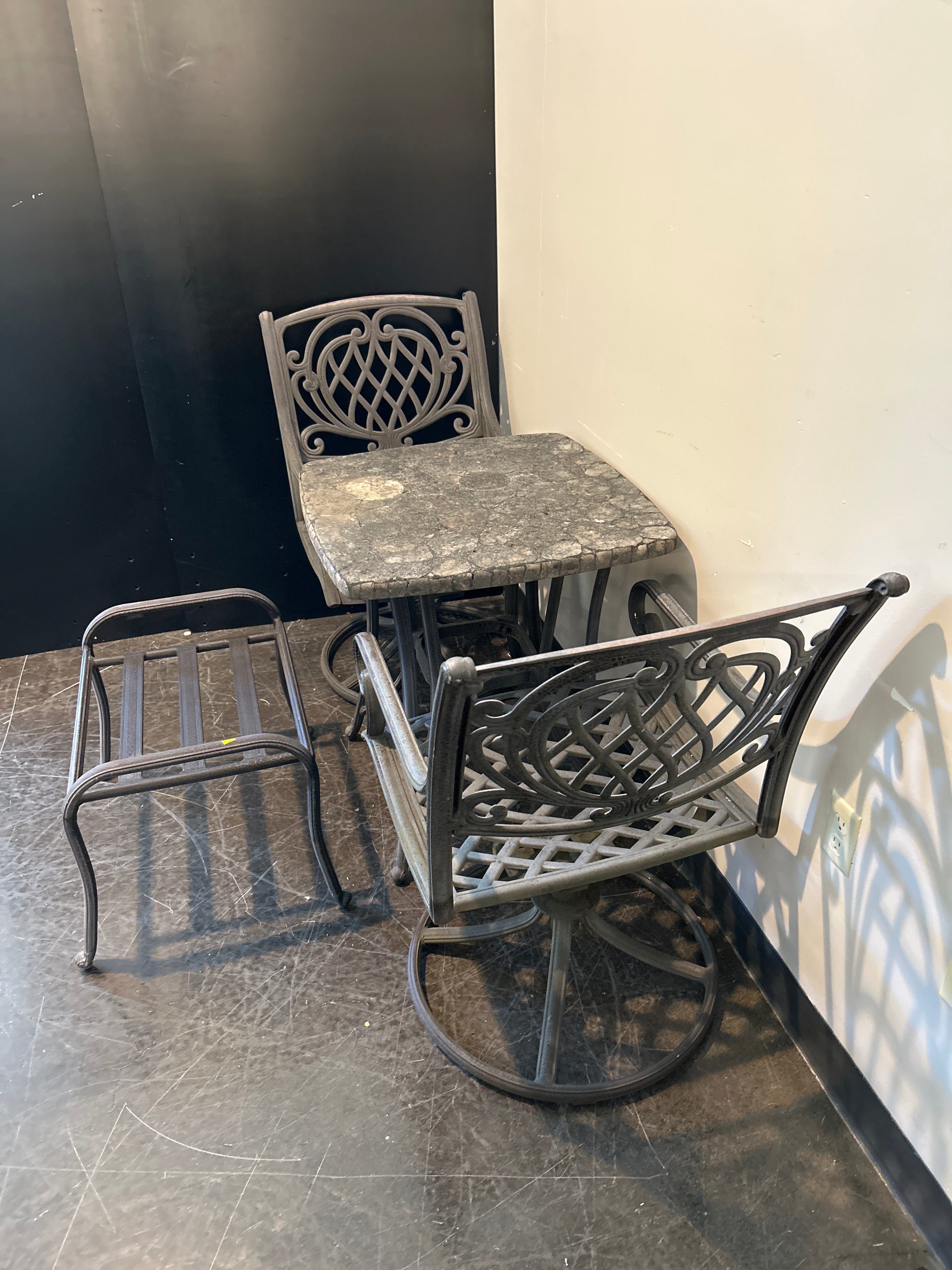 3-Piece Cast Aluminum Patio Set – Swivel Chairs, Faux-Stone Table