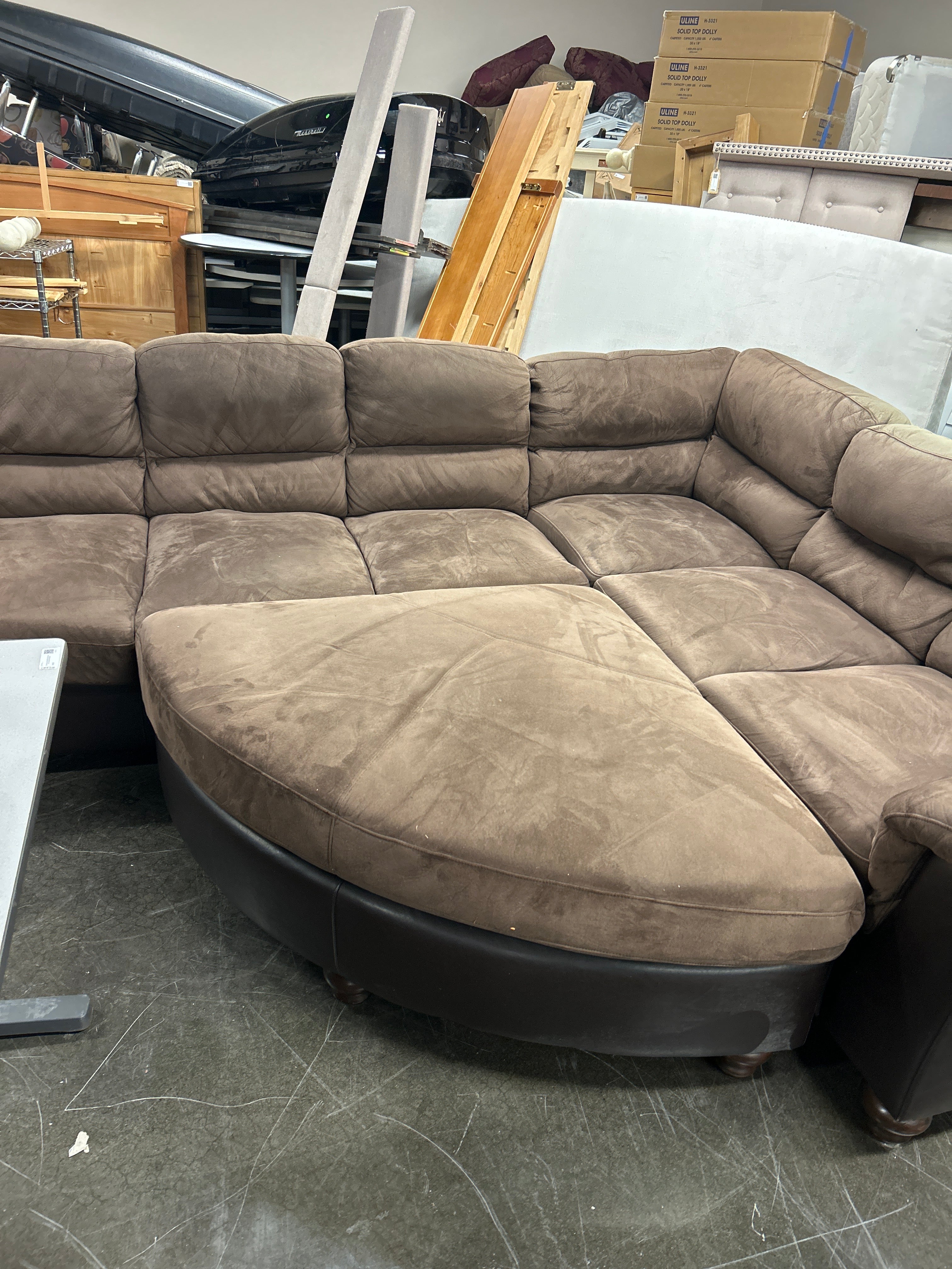Brown Suede And Pleather Sectional