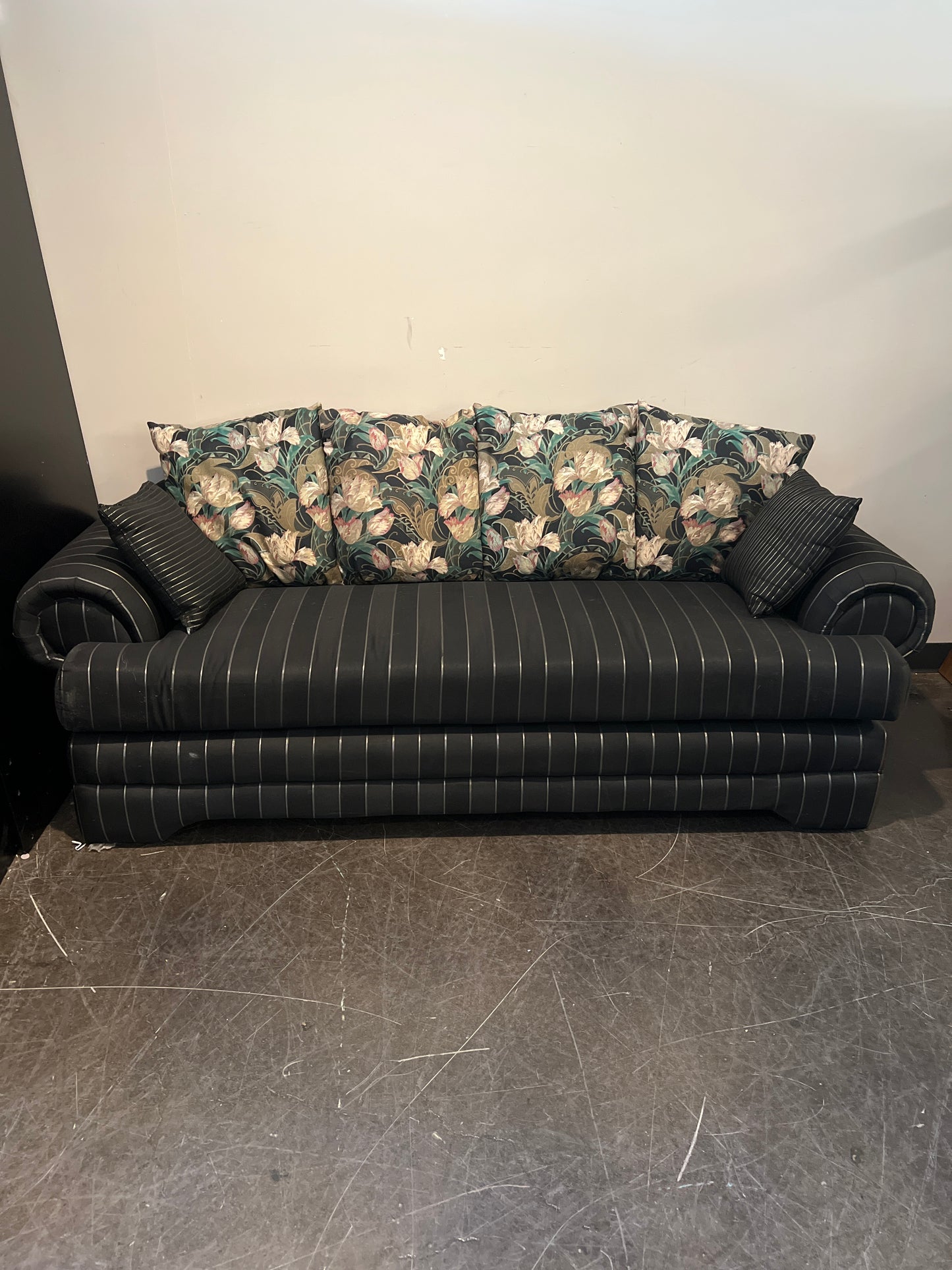 Pacific Oaks Striped Sofa with Floral Cushions