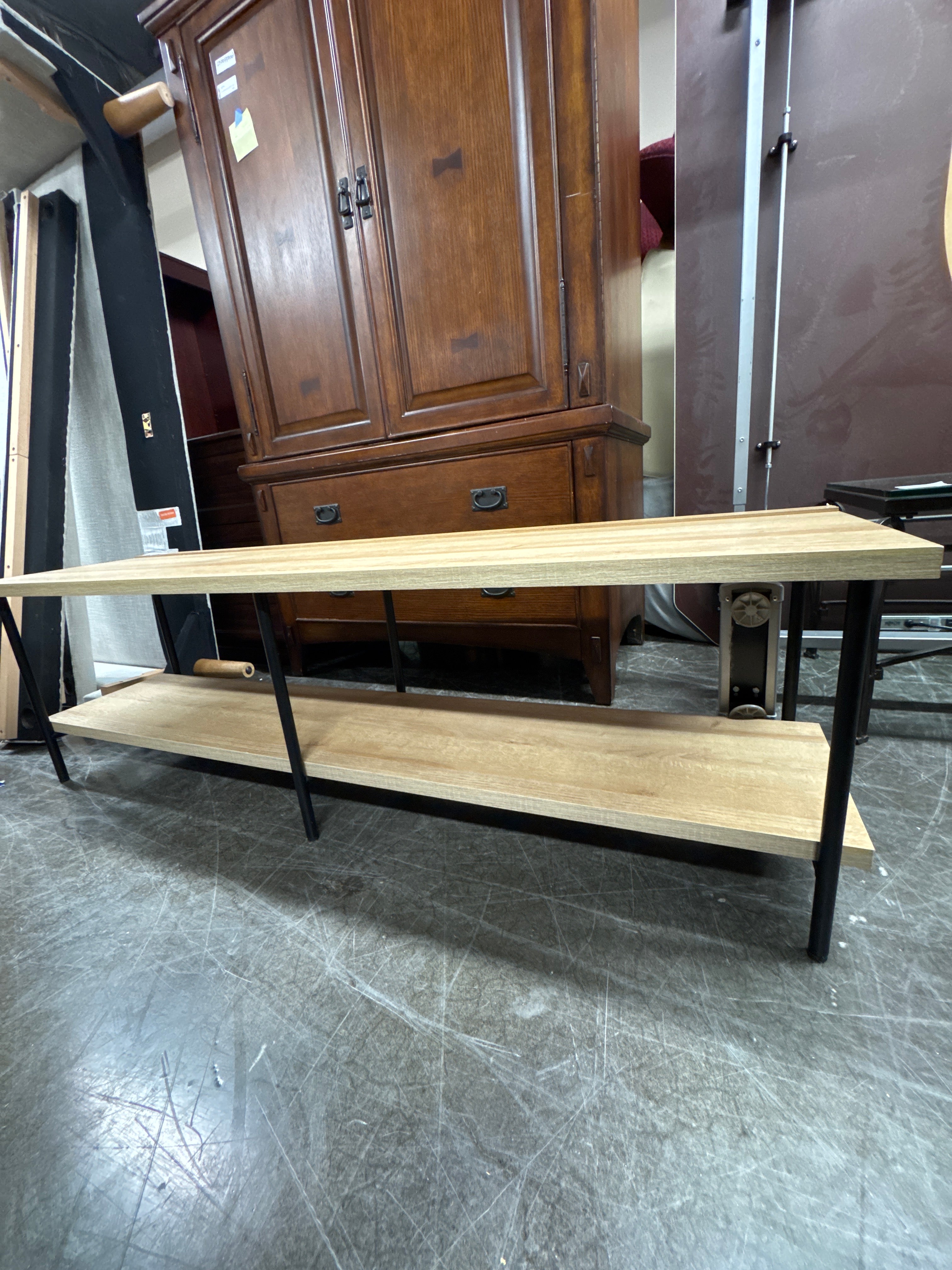 Two-Tiered Light Wood Console Table with Black Metal Legs