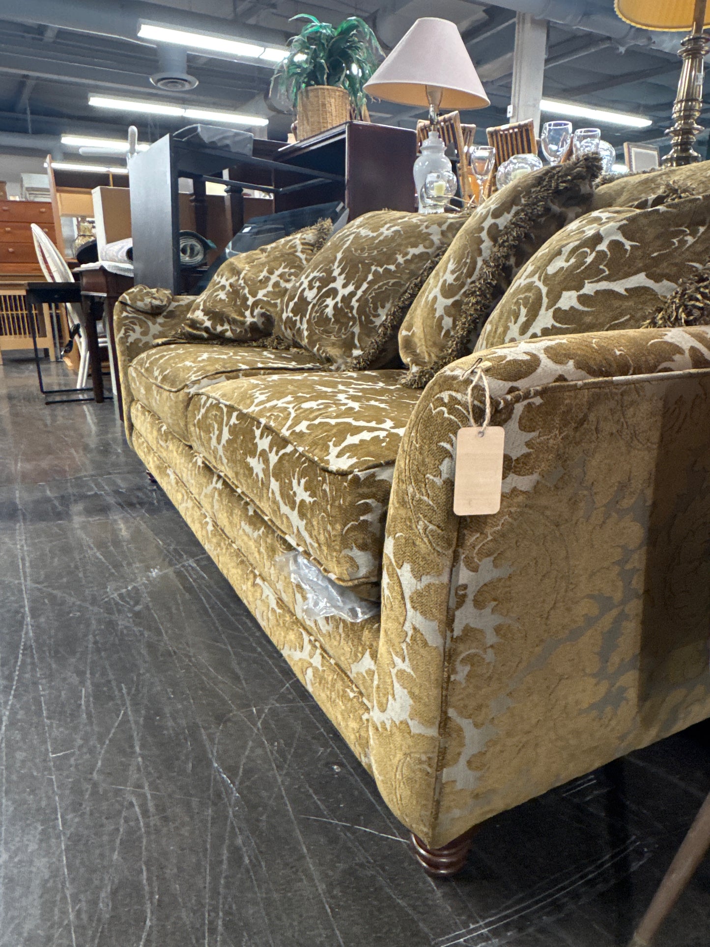 Vintage Bassett Damask Sofa with Fringe Trim Pillows we