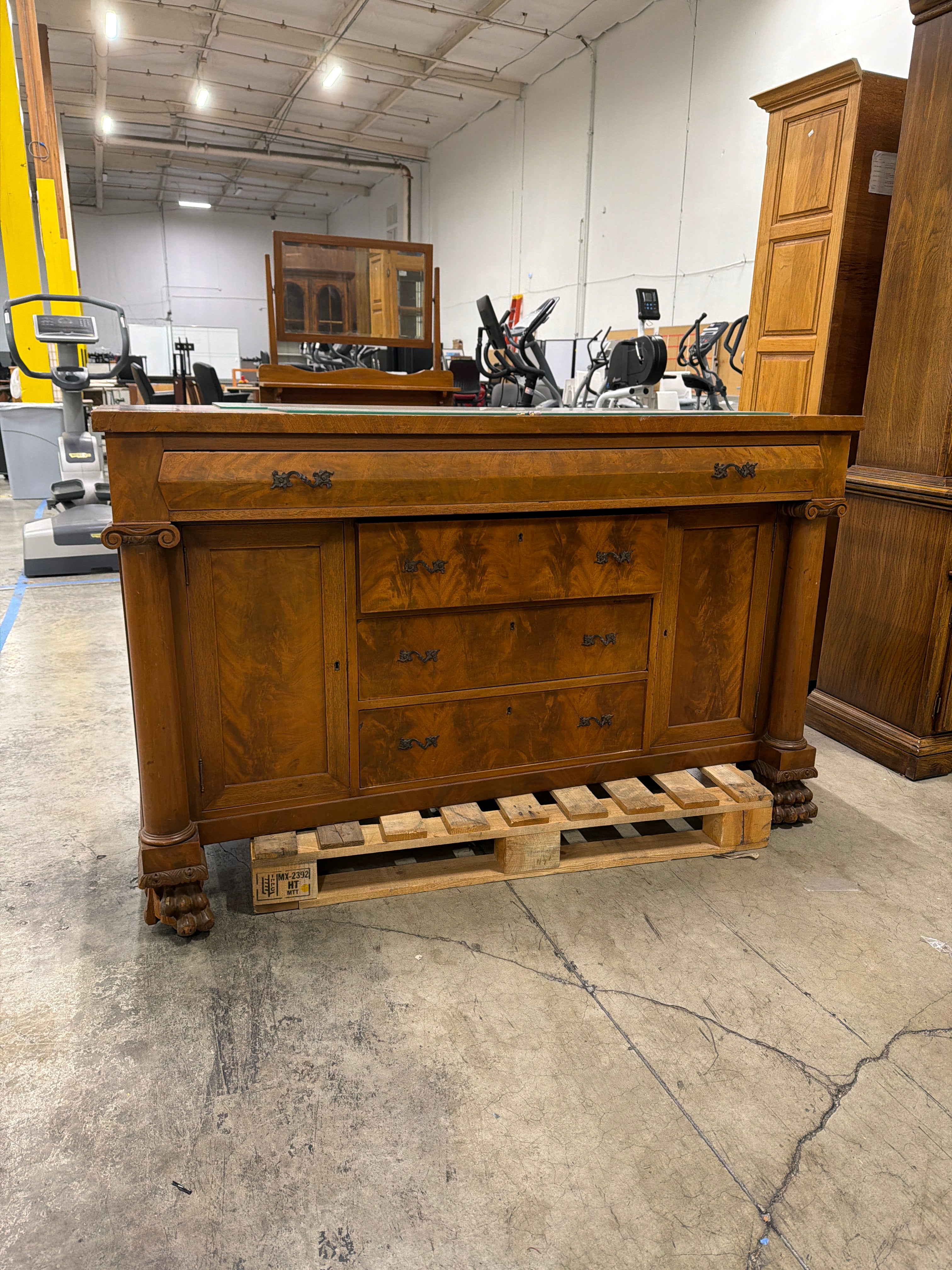 Vintage Wood Sideboard with Ornate Hardware and Fluted Columns