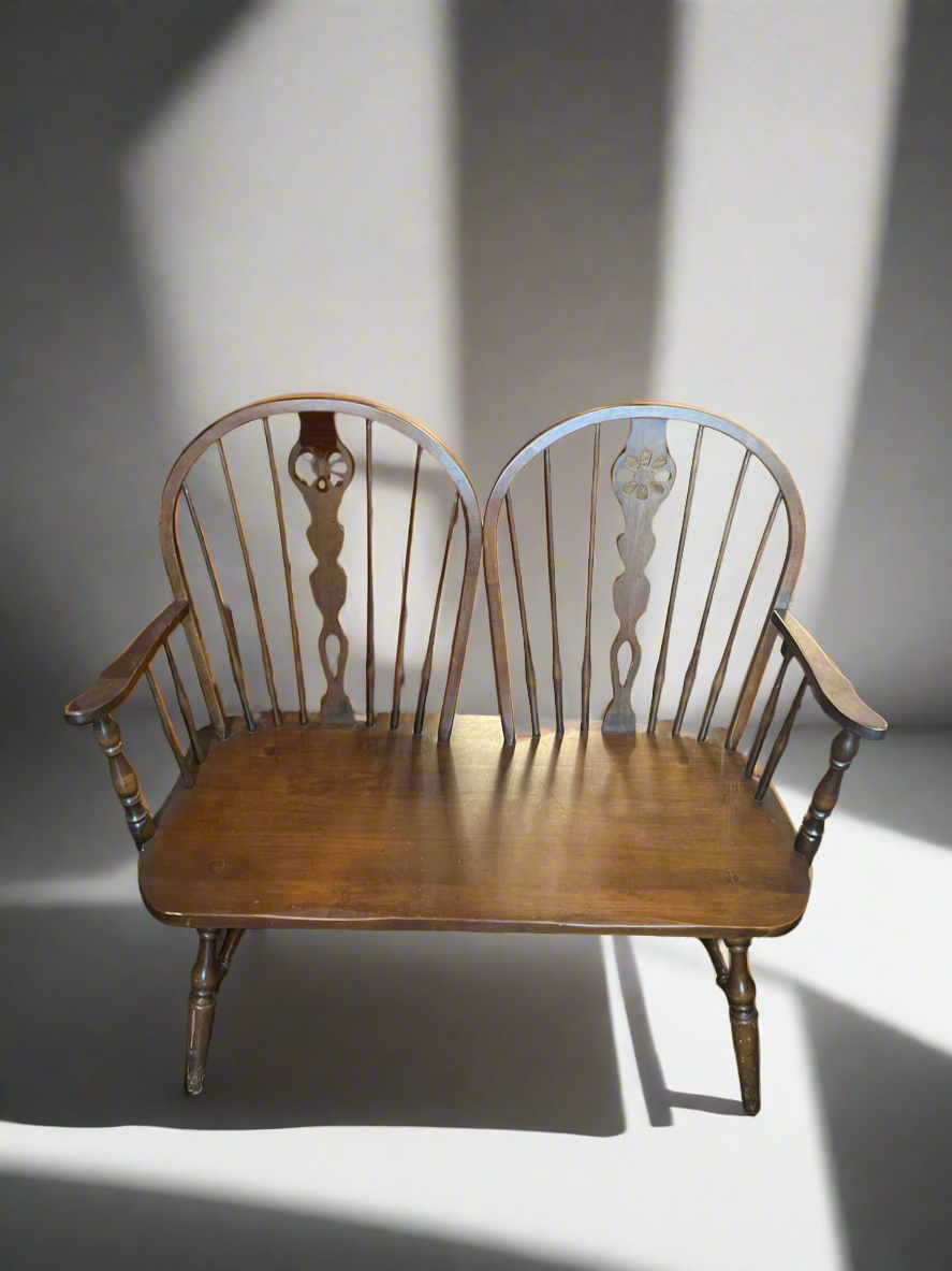 Vintage Wooden Windsor-style Bench with Spindle Back