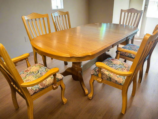Oval Oak Dinning Table with Six Chairs with Floral Accent