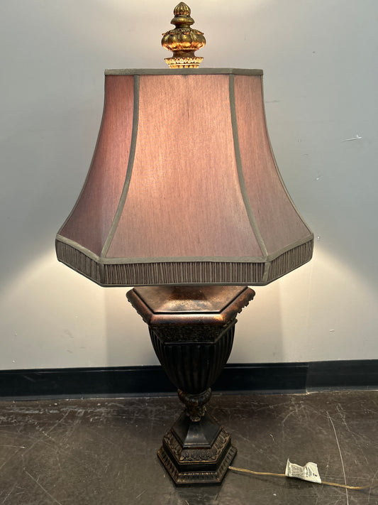 Antique-Style Metal Table Lamp with Mauve Lampshade