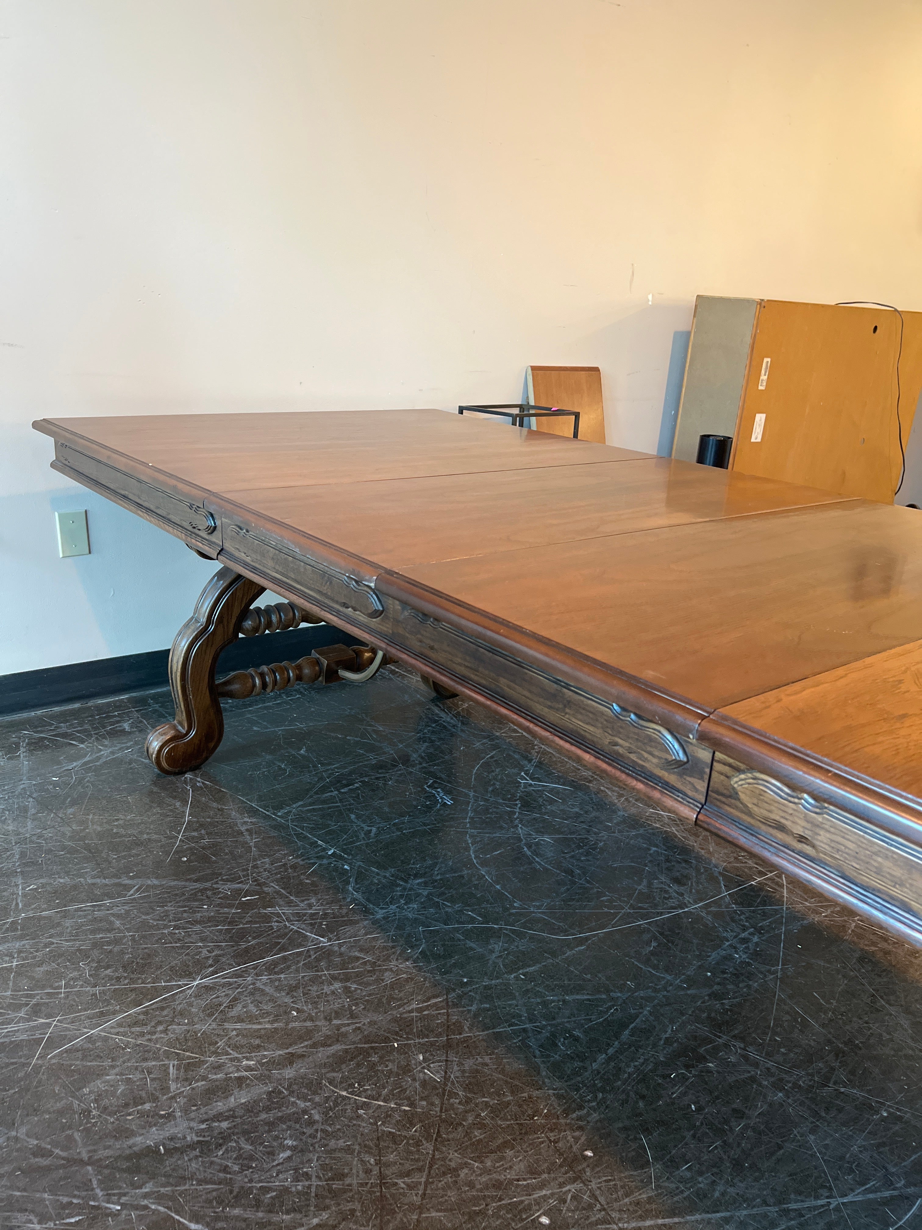 Antique Oak Dining Table with Hand Craved Base & 2 leaves