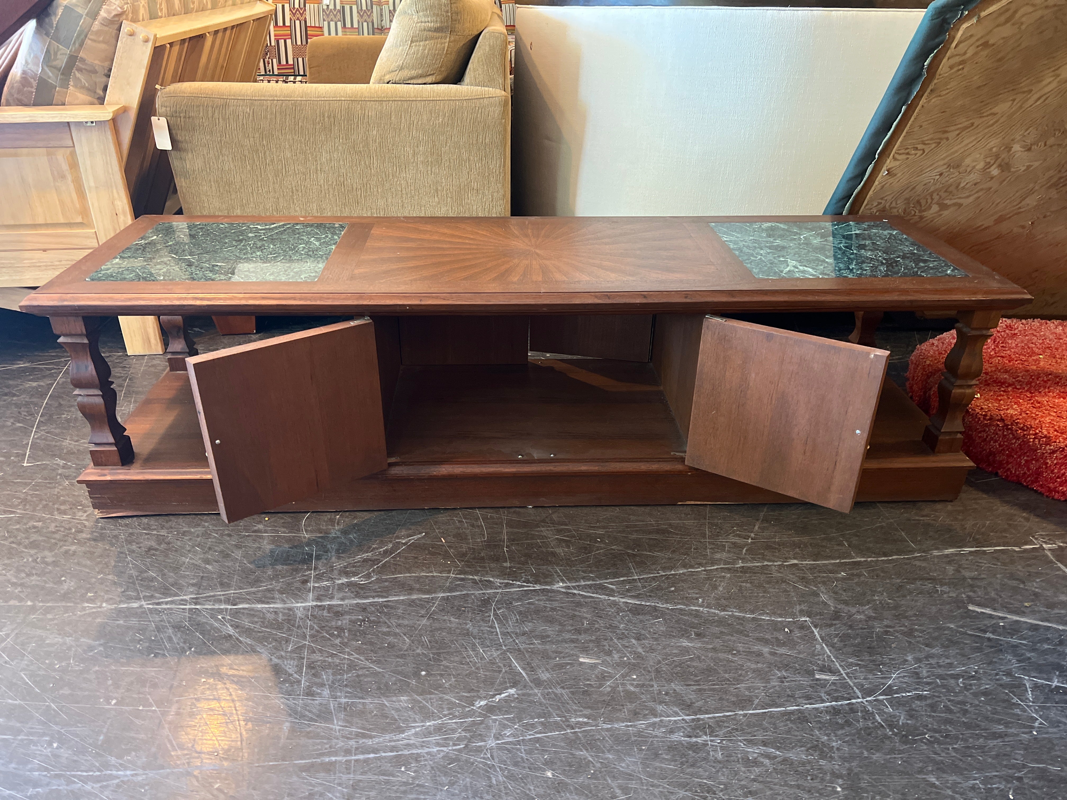 Mid Century Modern Solid Wood Coffee Table with Marble Details