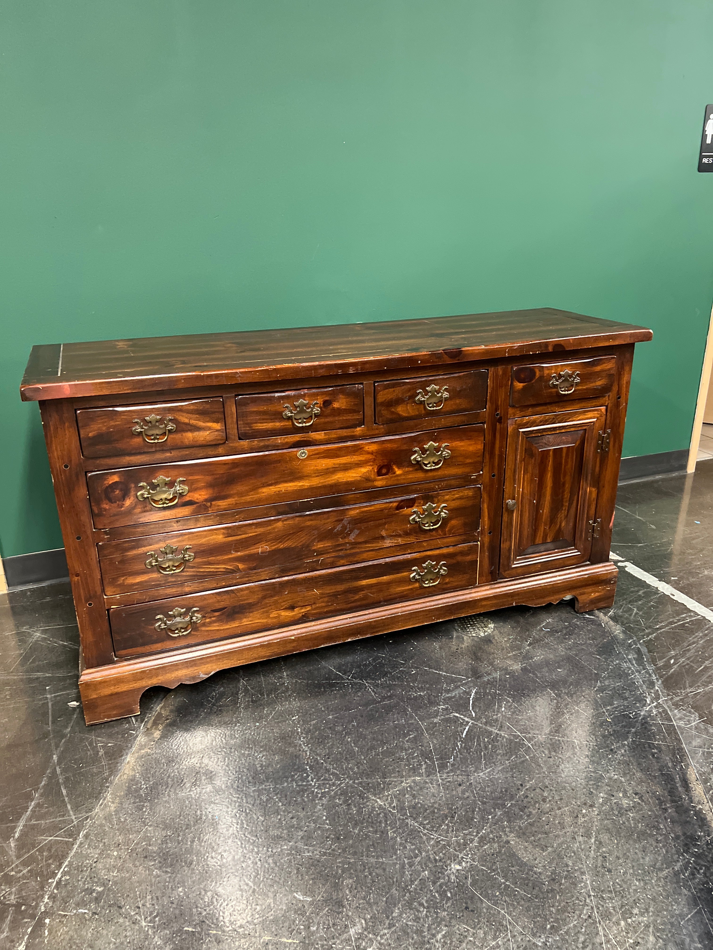 Rustic Brown Seven Drawer and One Cabinet Hardwood Dresser