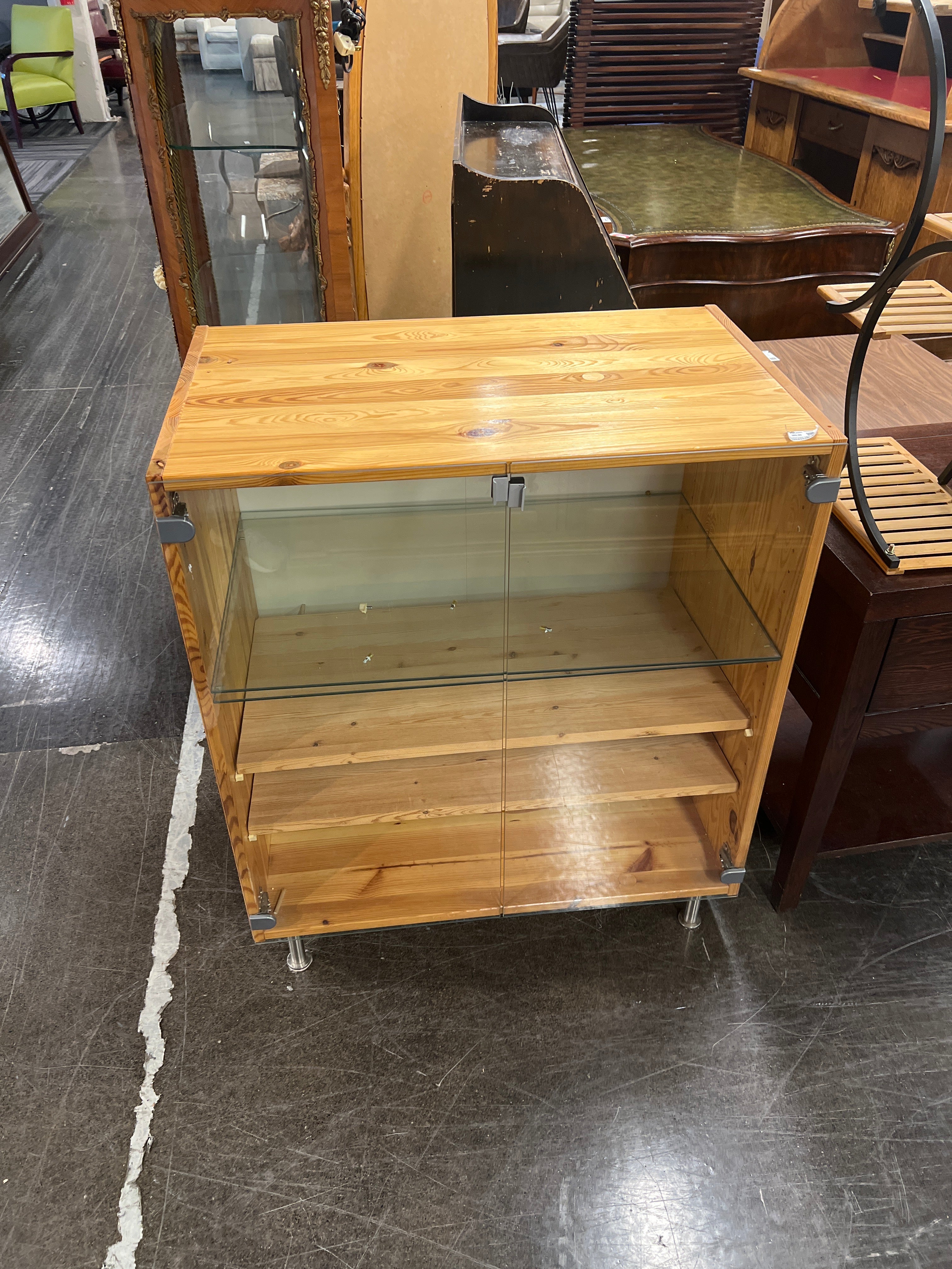 Rustic Pine Wood Display Cabinet with Glass Doors