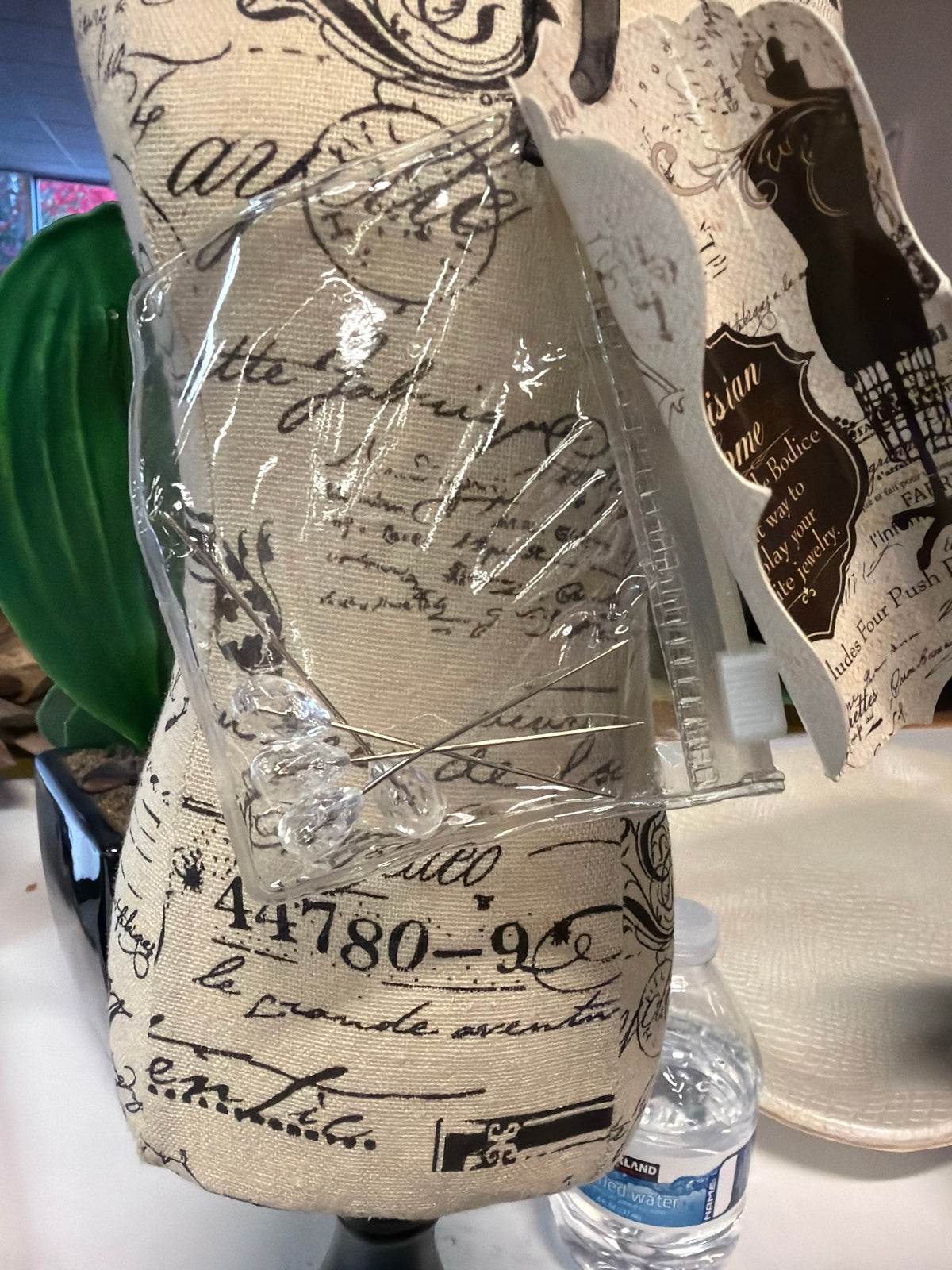Parisian Home Vintage Style Fabric Mannequin / Jewelry Stand with French Script