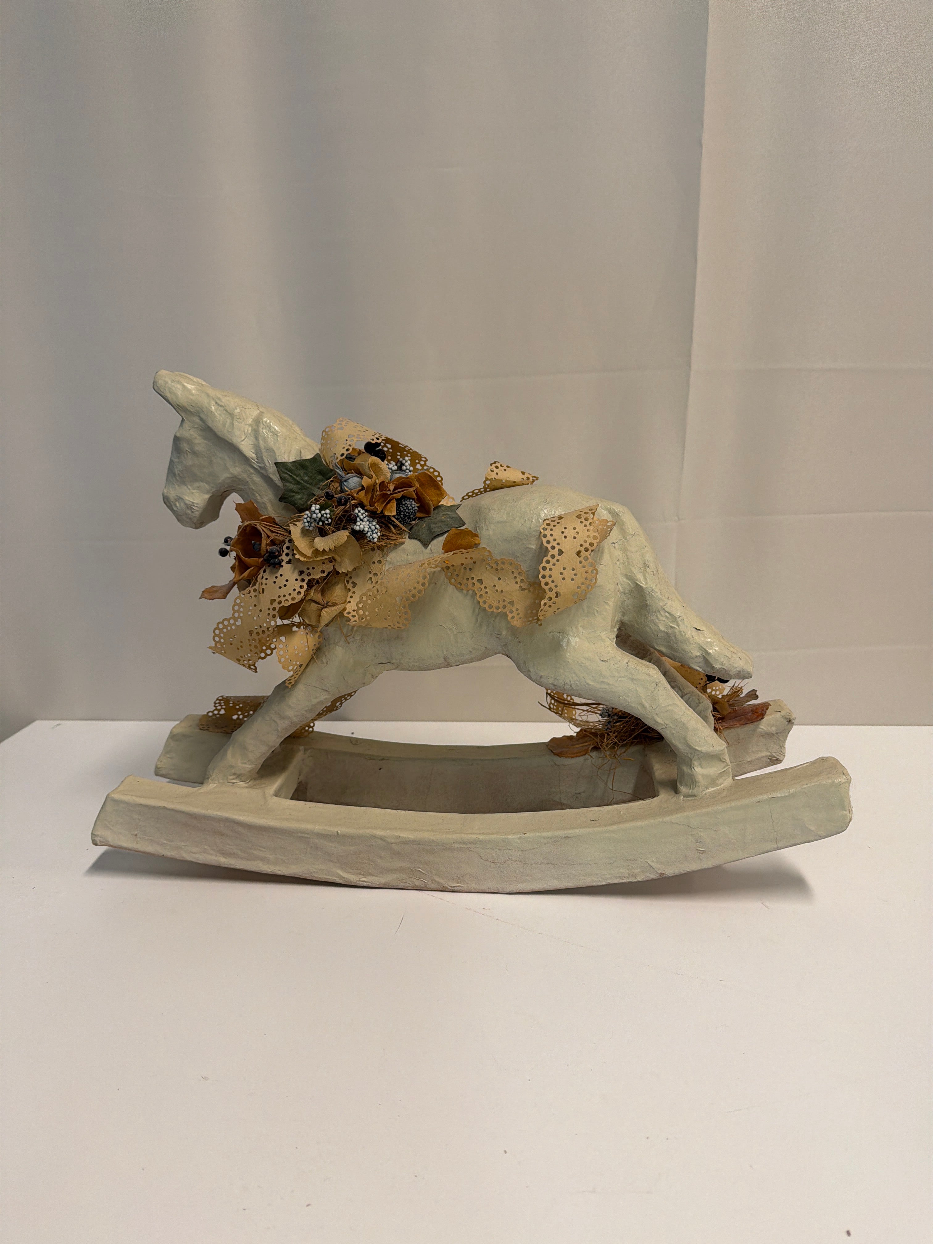 Cream Papier-Mache Decorative Rocking Horse with Lace