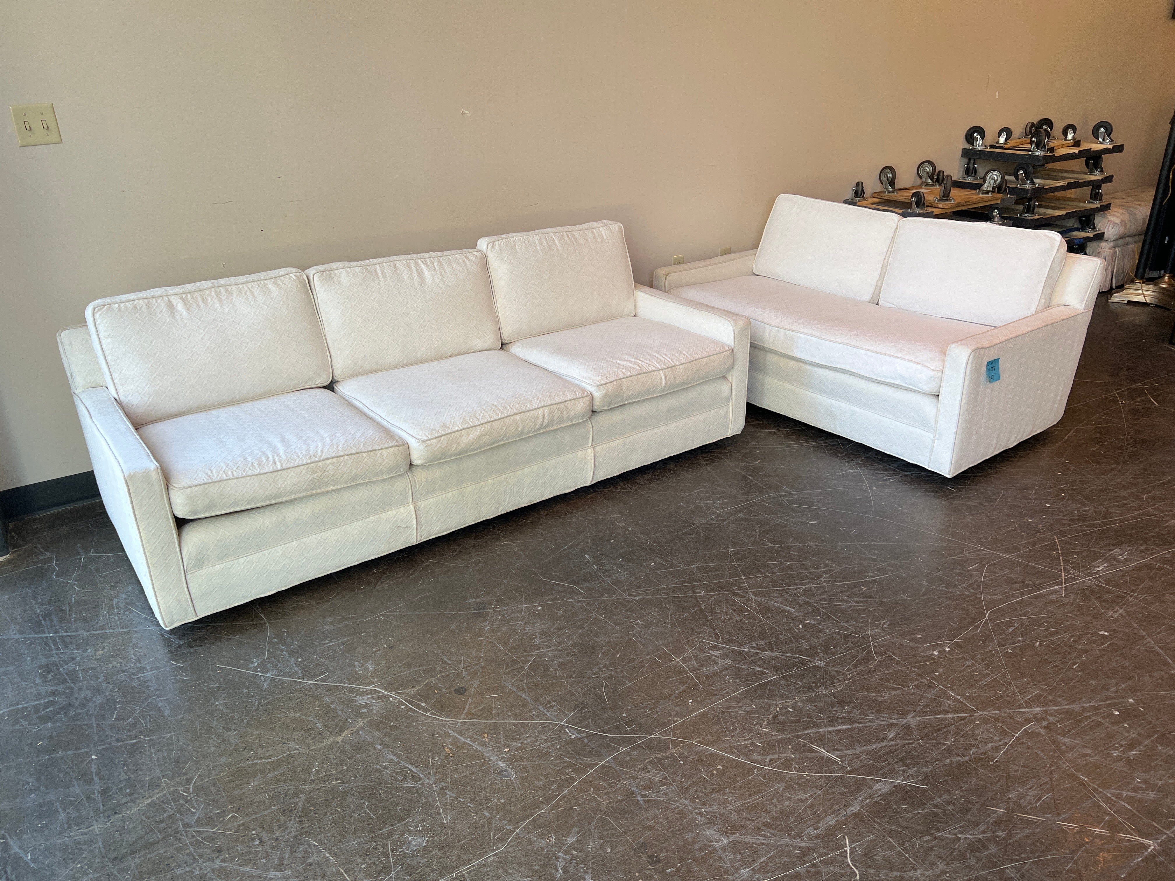 (Set of Two) Modern White Three Seater Couch and Loveseat on Wheels