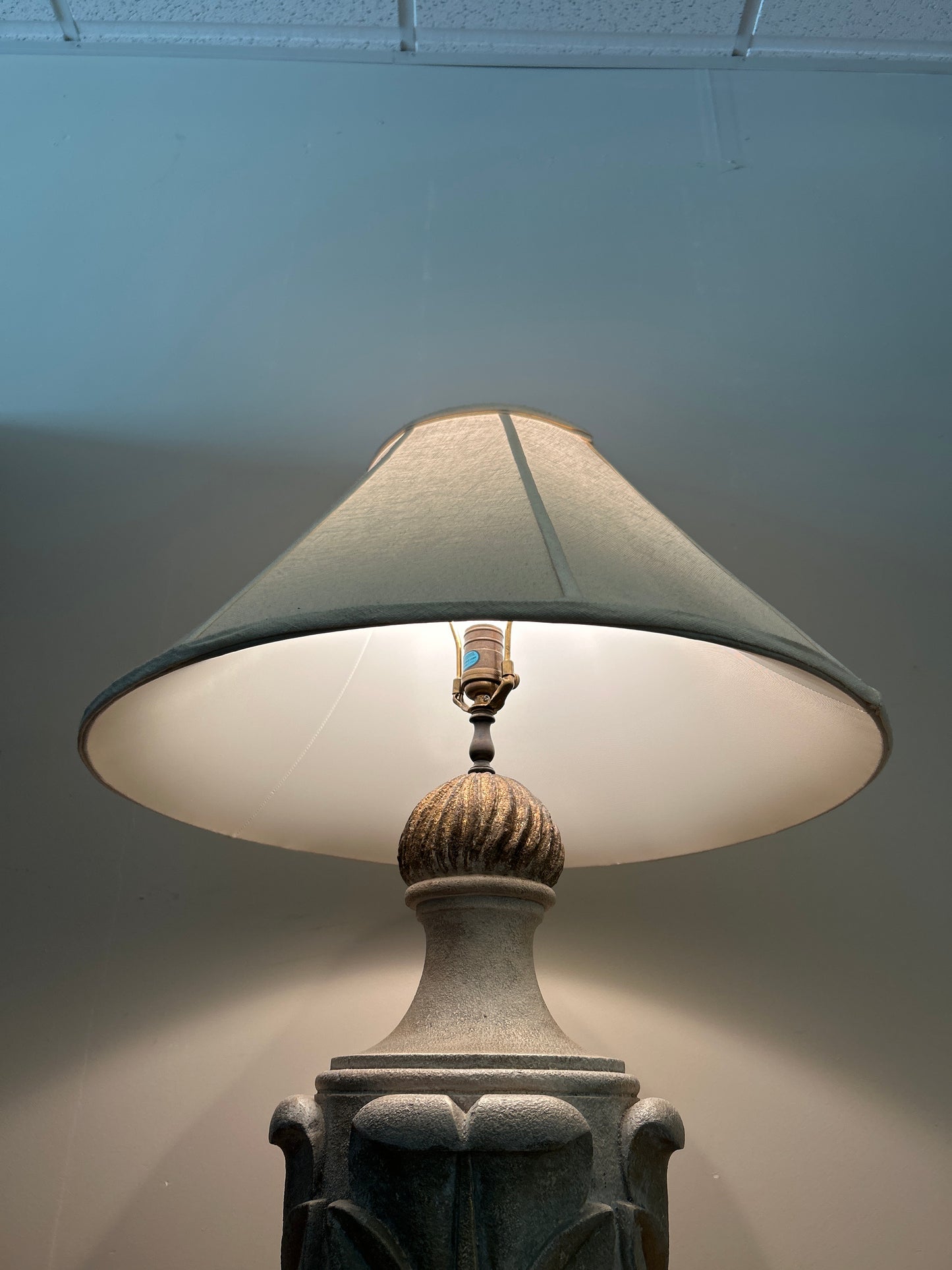Stone-Style Urn Table Lamp with Off-White Shade