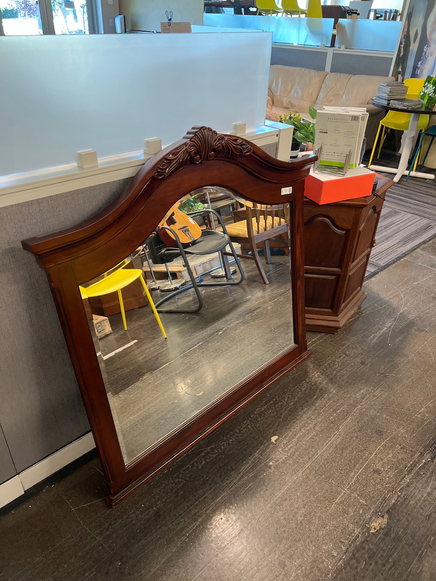 Traditional Cherry Wood Dresser Mirror with Carved Crest
