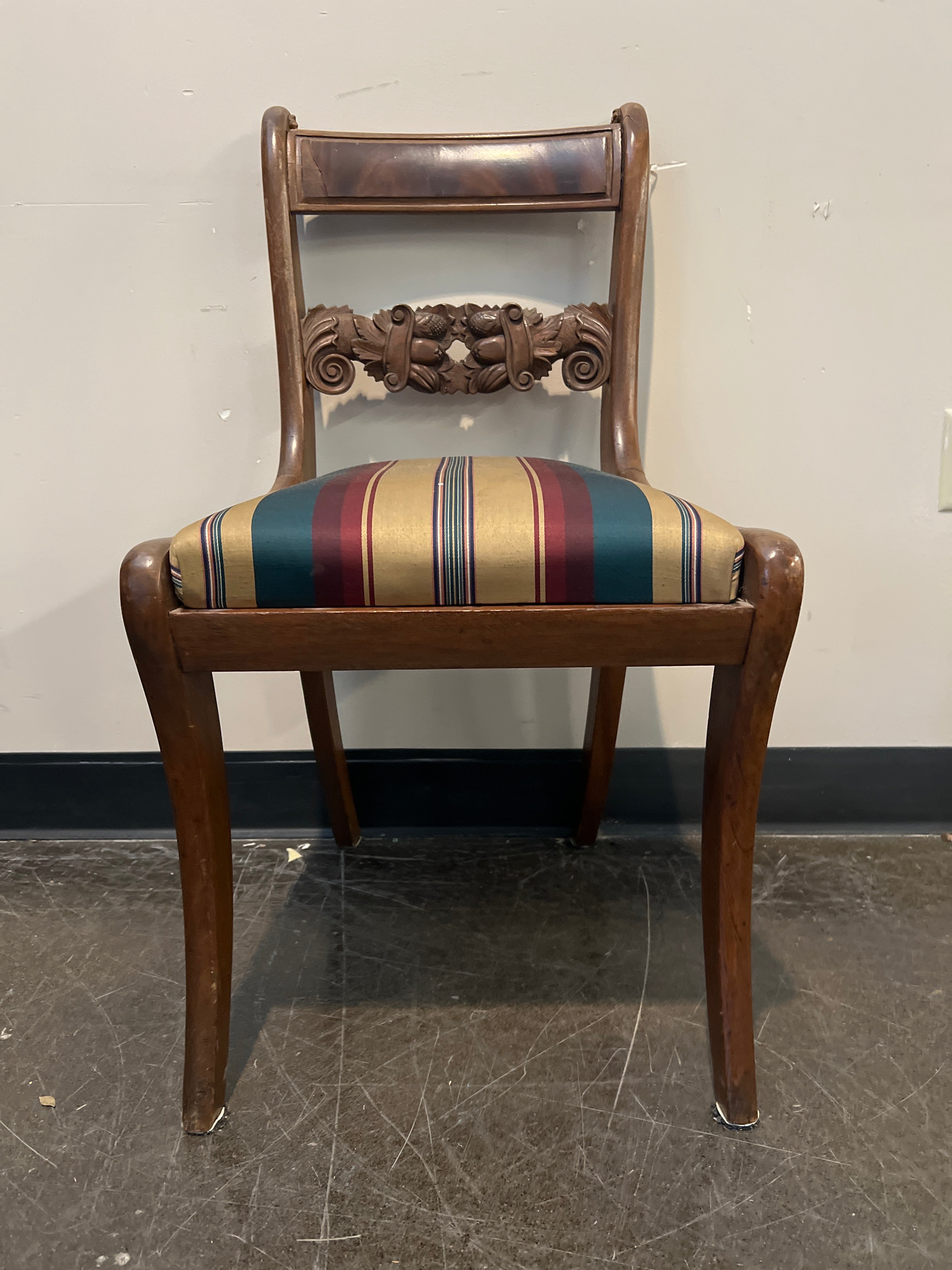 Carved Wood Dining Chair with Striped Seat