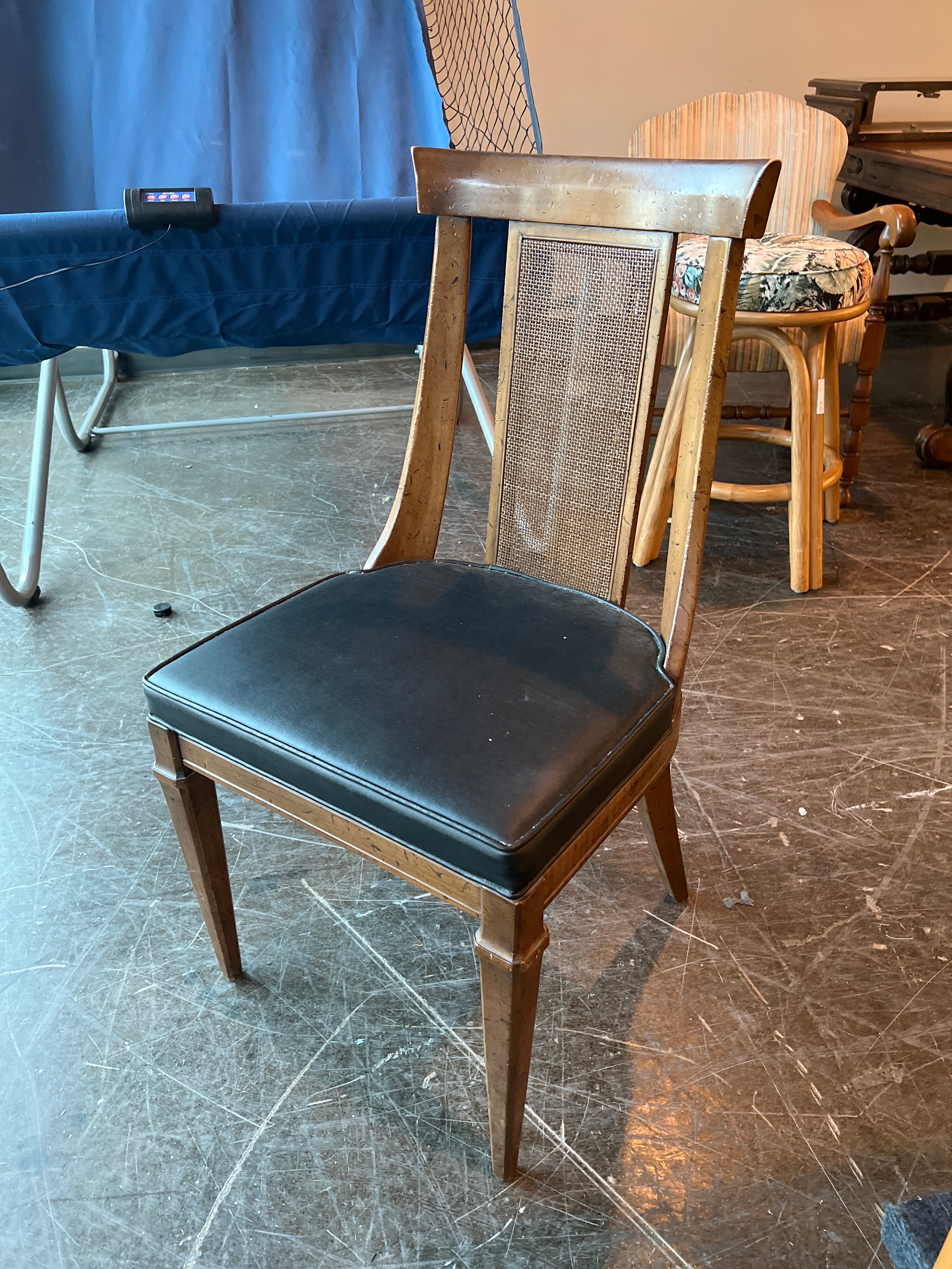 Classic Wood Cane Back Dining Chair with Black Upholstered Seat