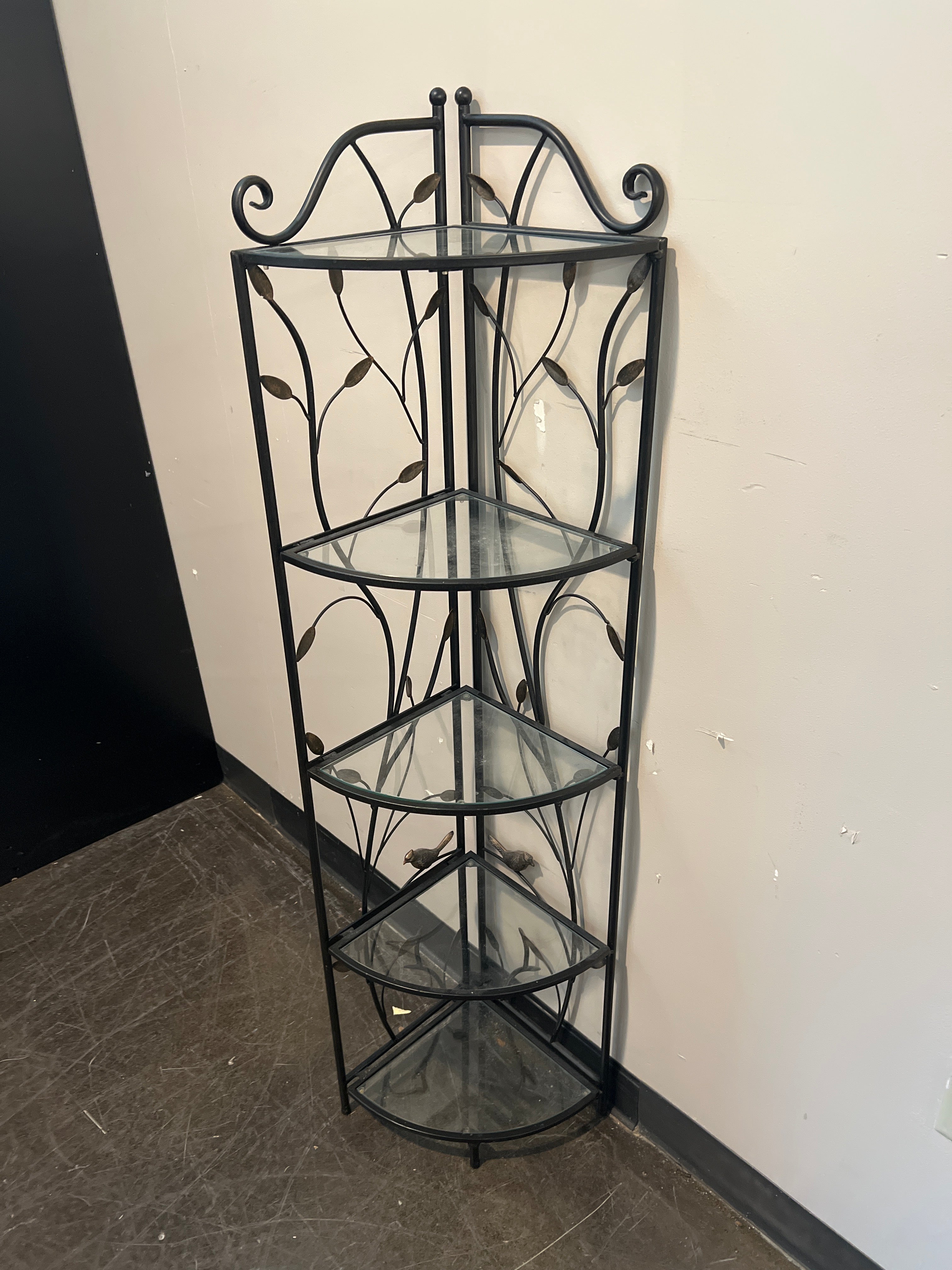 Wrought Iron and Glass Corner Shelf with Leaf Detail