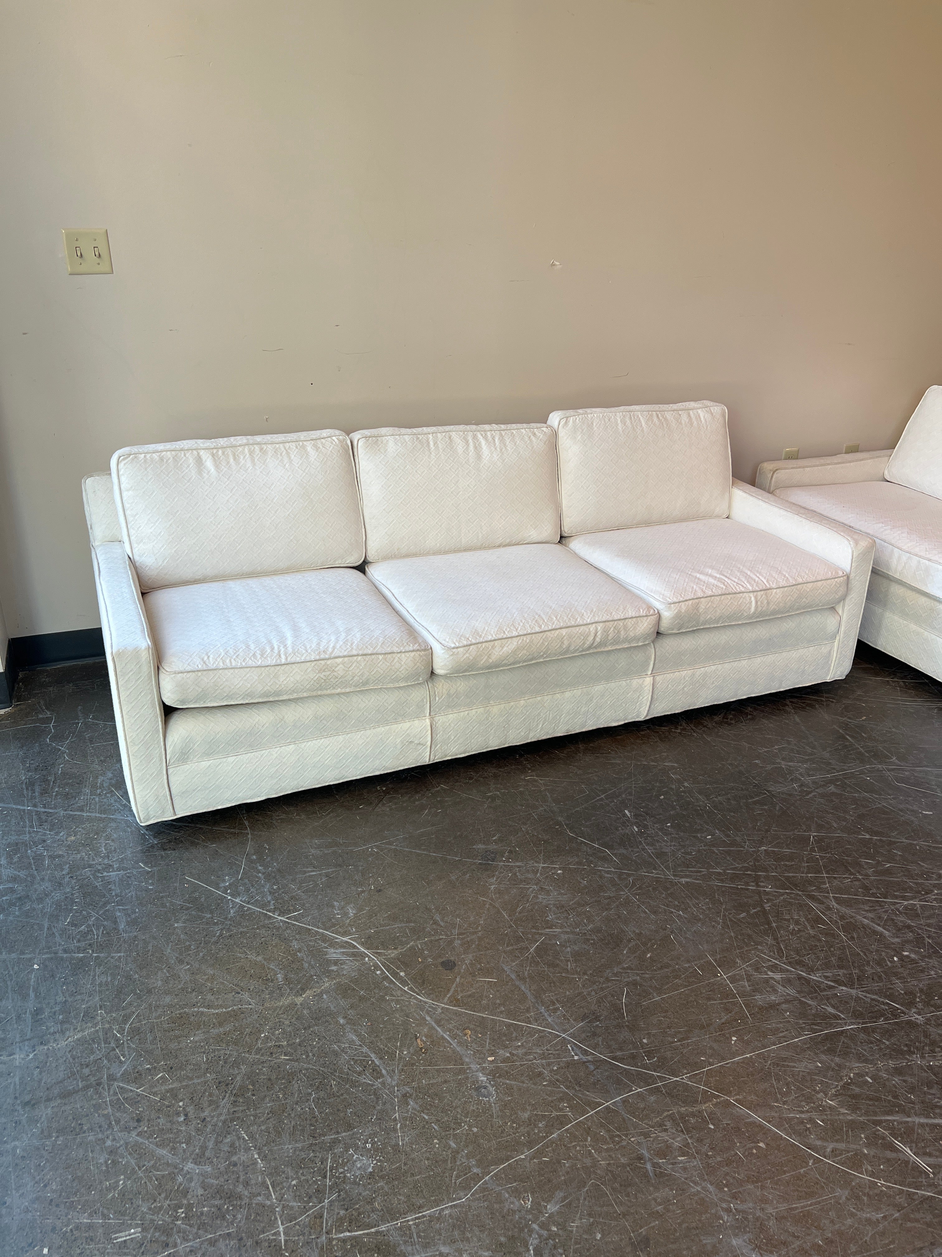 (Set of Two) Modern White Three Seater Couch and Loveseat on Wheels