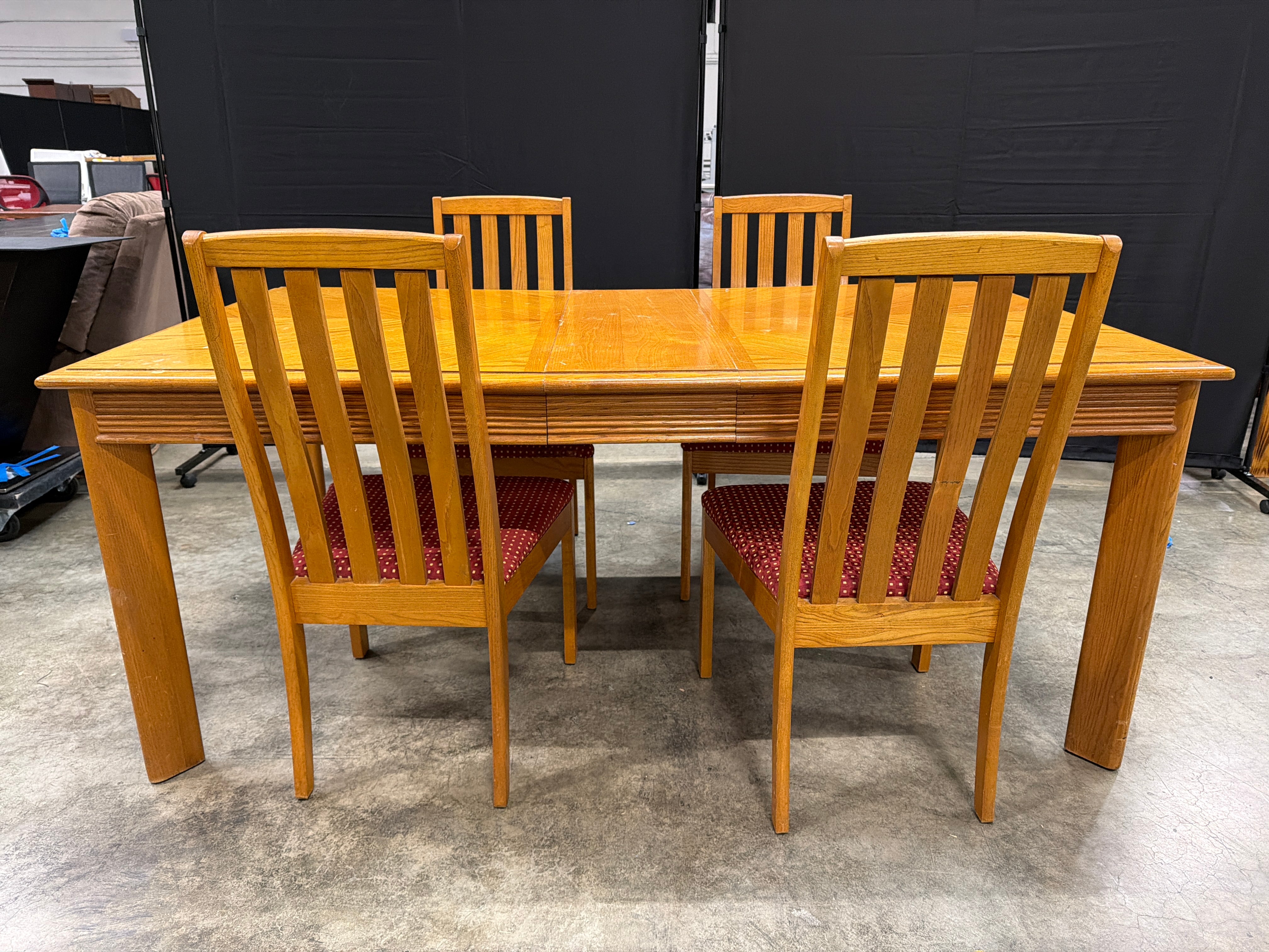 Sturdy Wooden Extendable Dining Set with Four Red Fabric Wooden Chairs