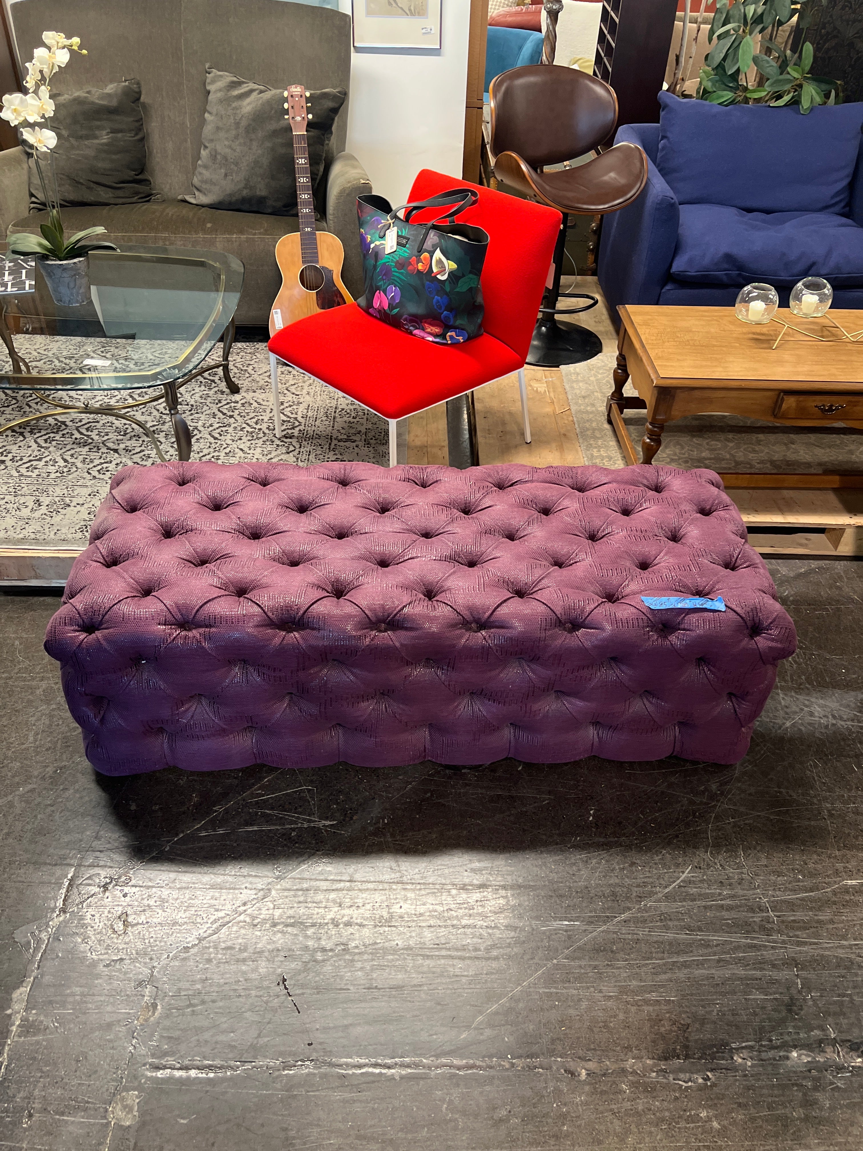 Plush Purple Button-Tufting Ottoman