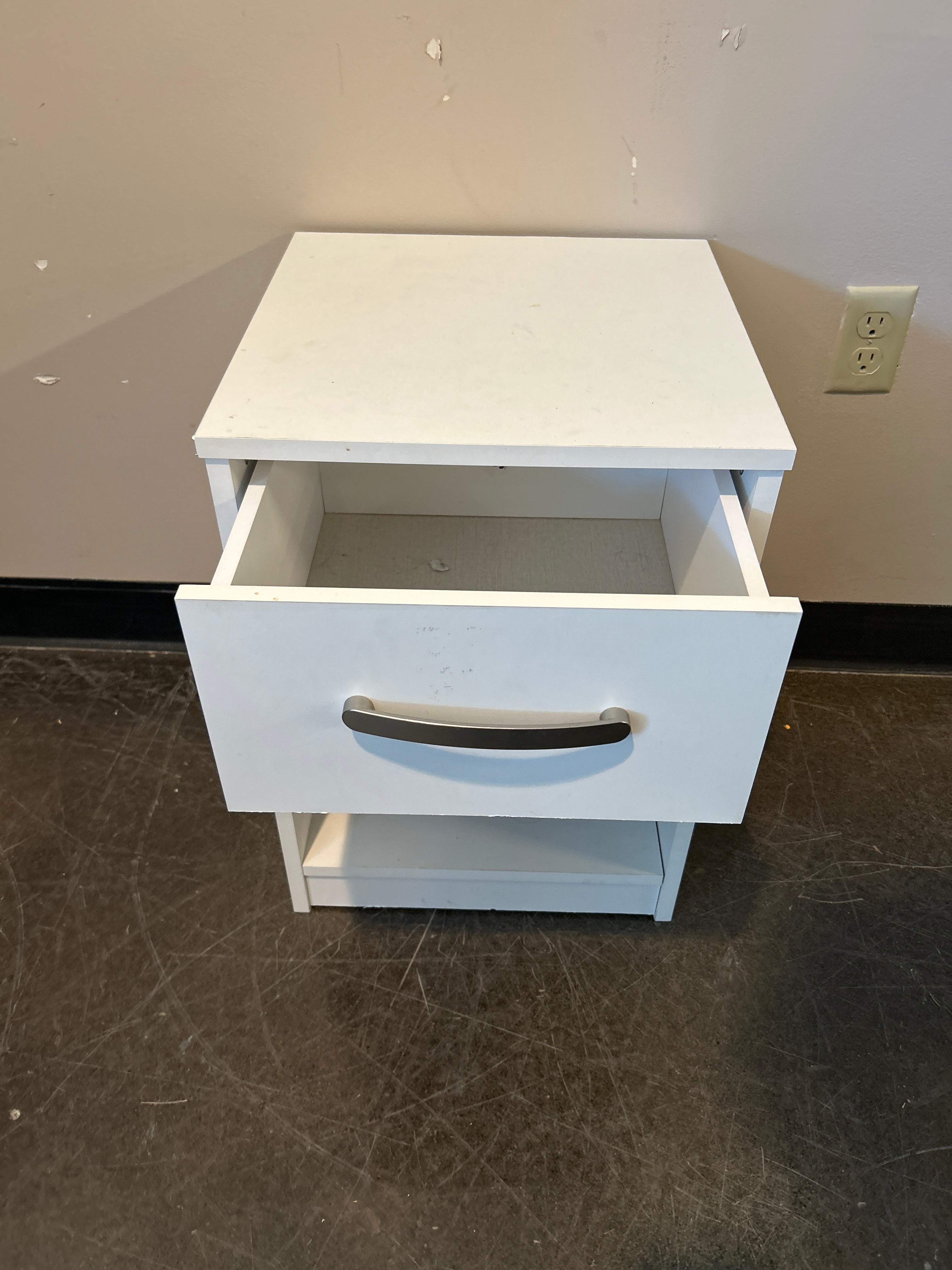 White Laminate Nightstand with Drawer and Shelf