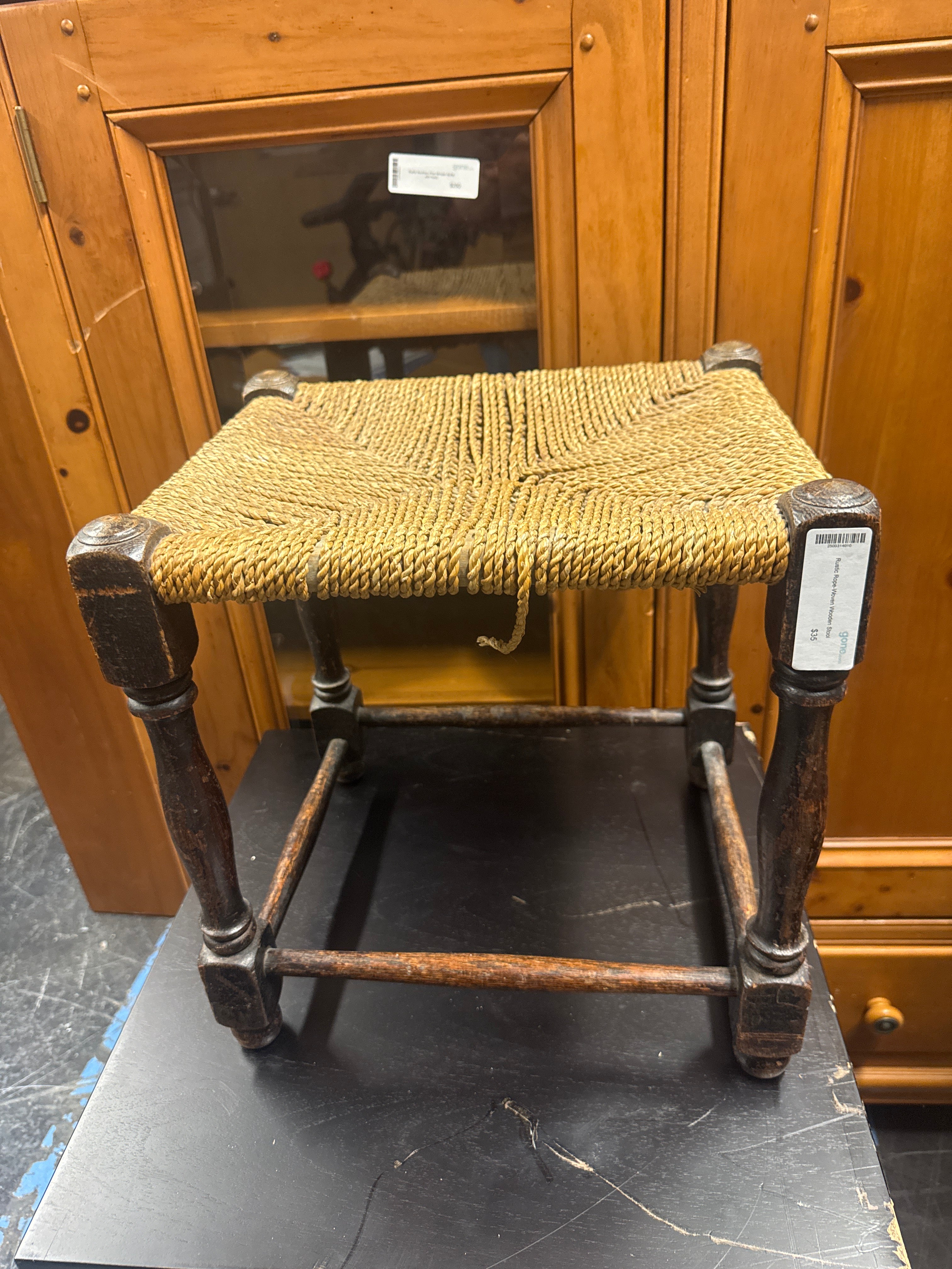 Rustic Rope-Woven Wooden Stool