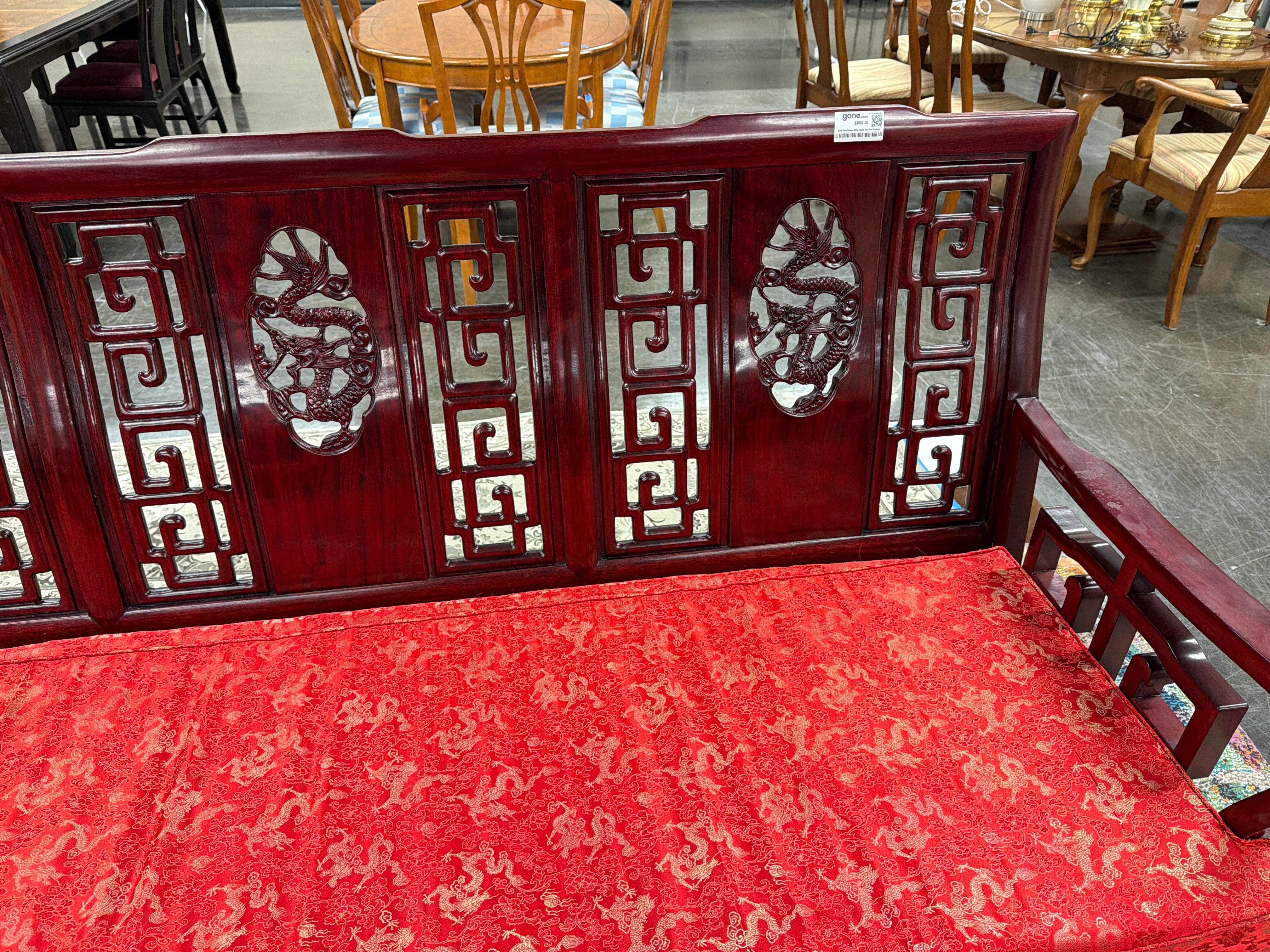 Dark Wood Asian Style Couch with Red Cushion