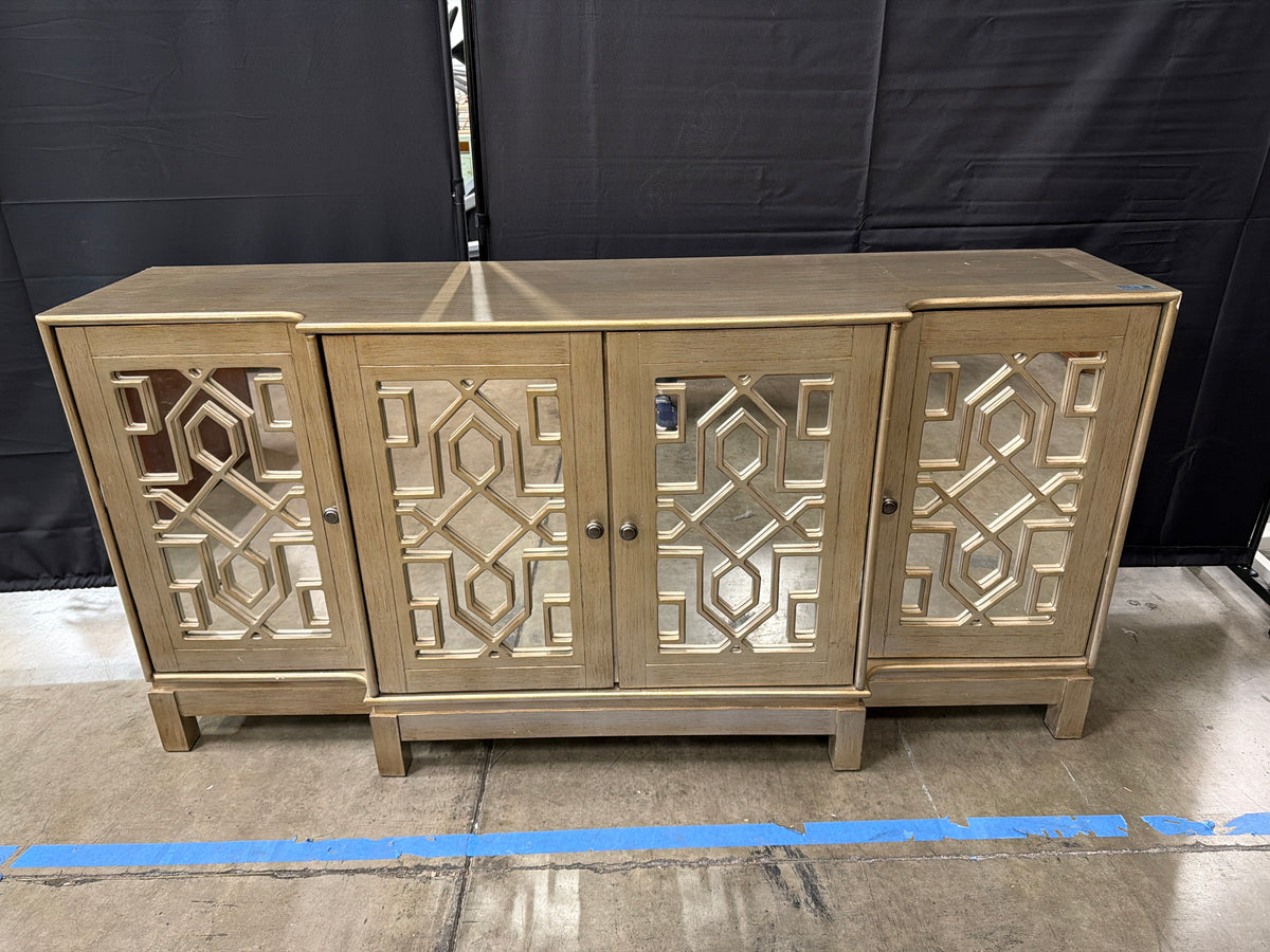 Jofran Casa Bella 70" Mirrored Console, Vintage Silver Fretwork 4-Door TV Stand Sideboard