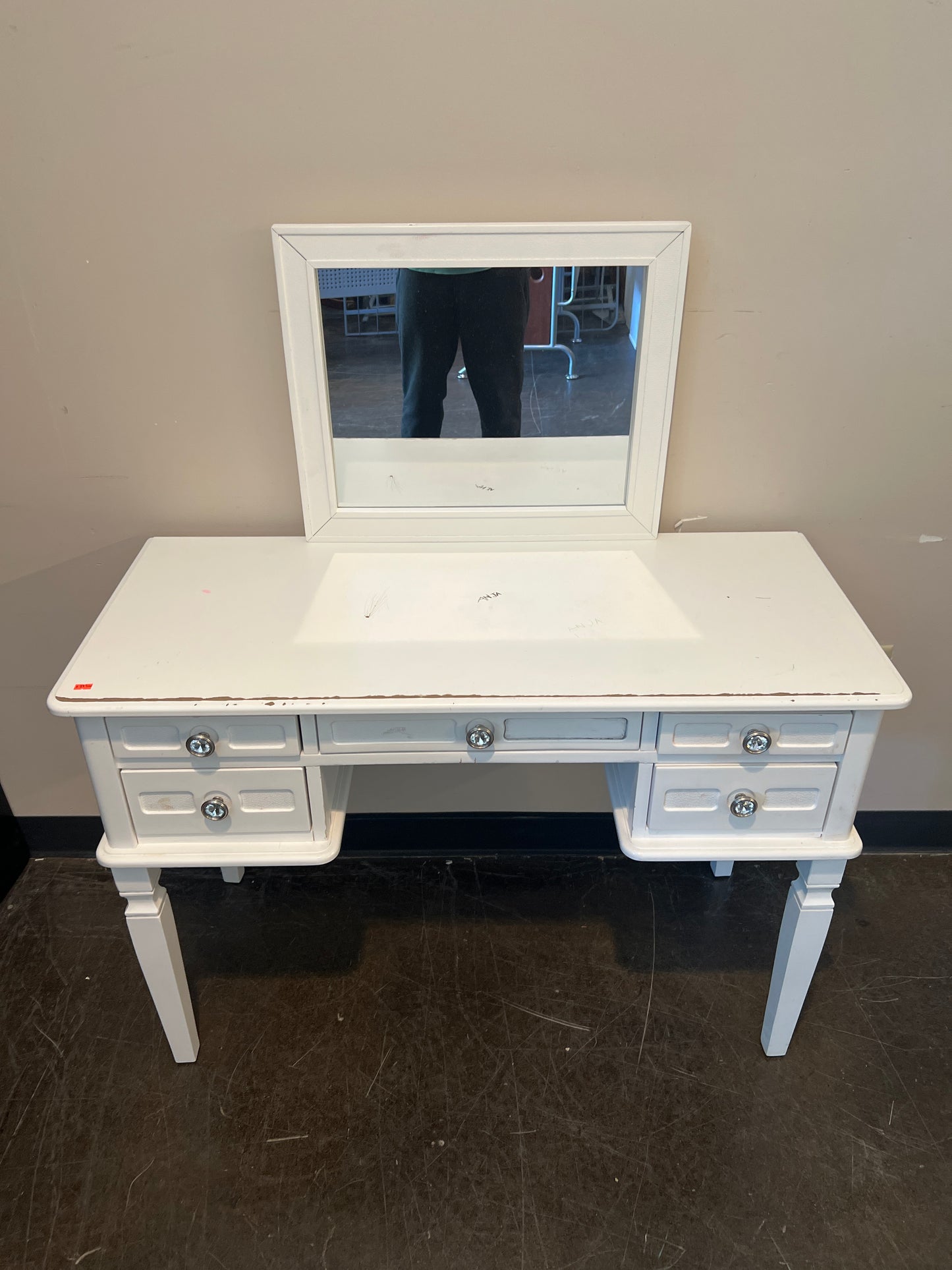 White Distressed Vanity Table with Mirror and Drawers