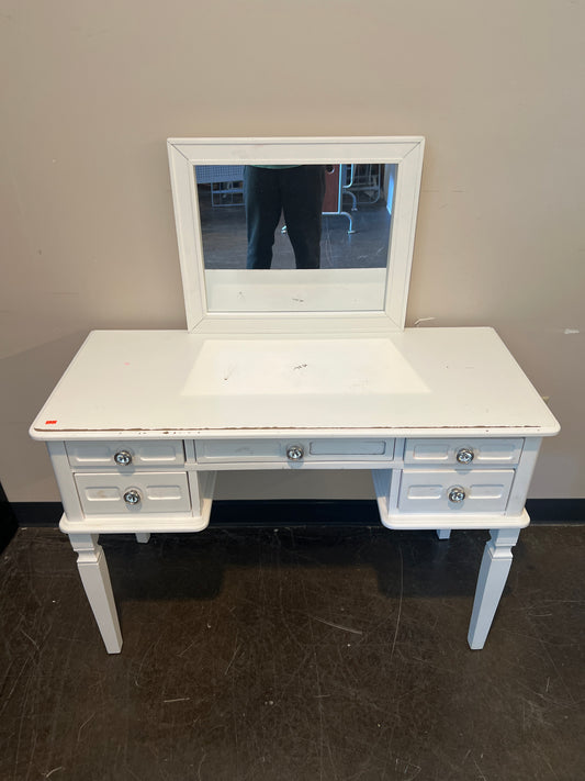 White Distressed Vanity Table with Mirror and Drawers