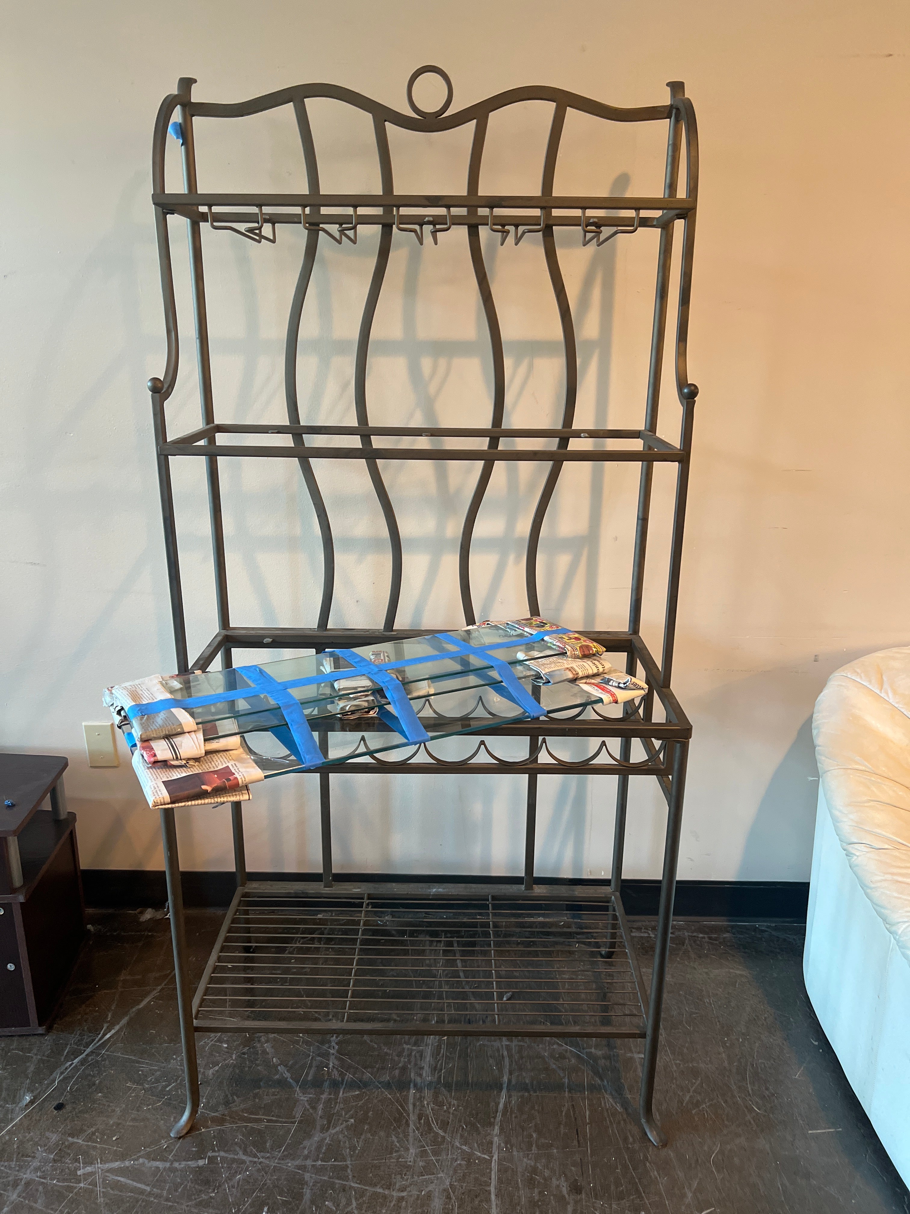 Ornate Metal Baker's Rack with Glass Shelves
