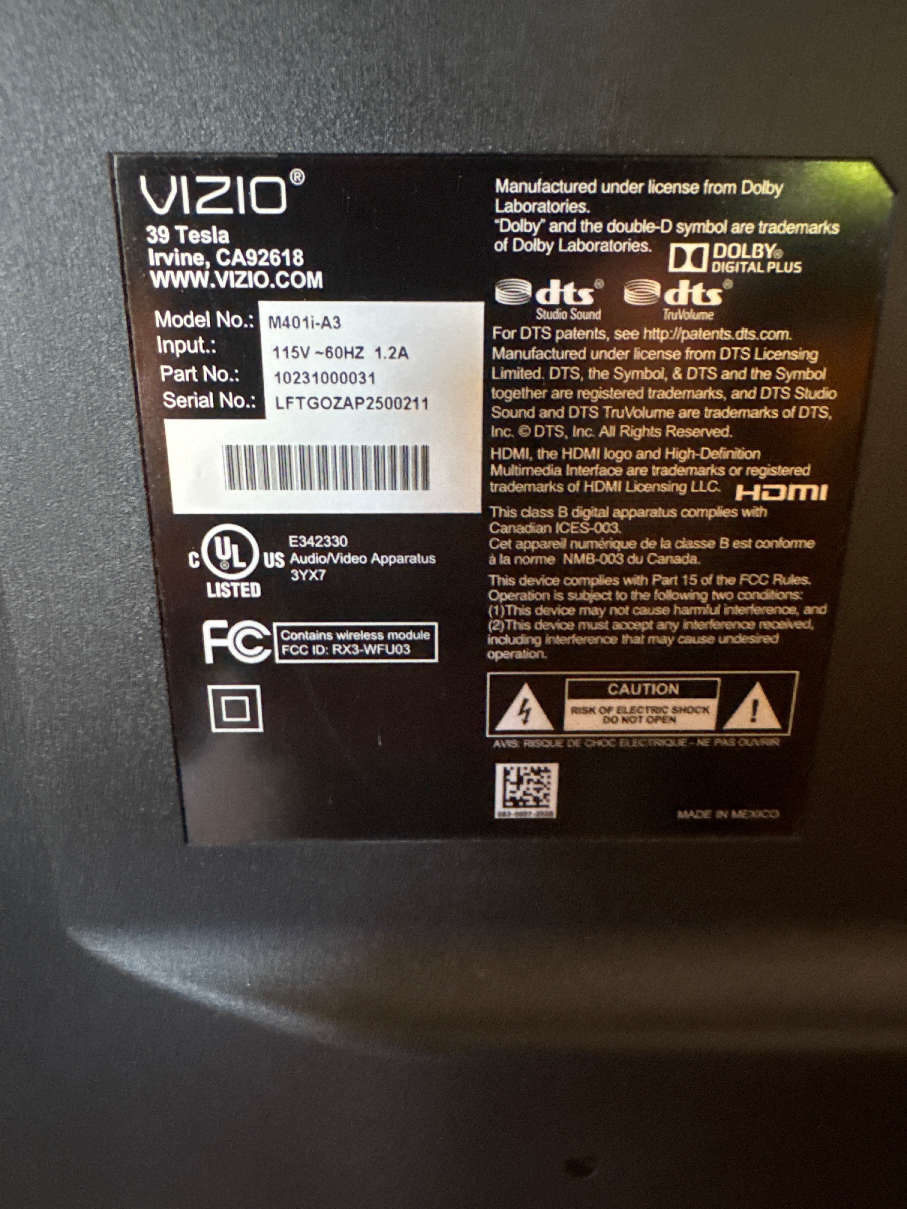 Vizio TV, Model M401i-A3