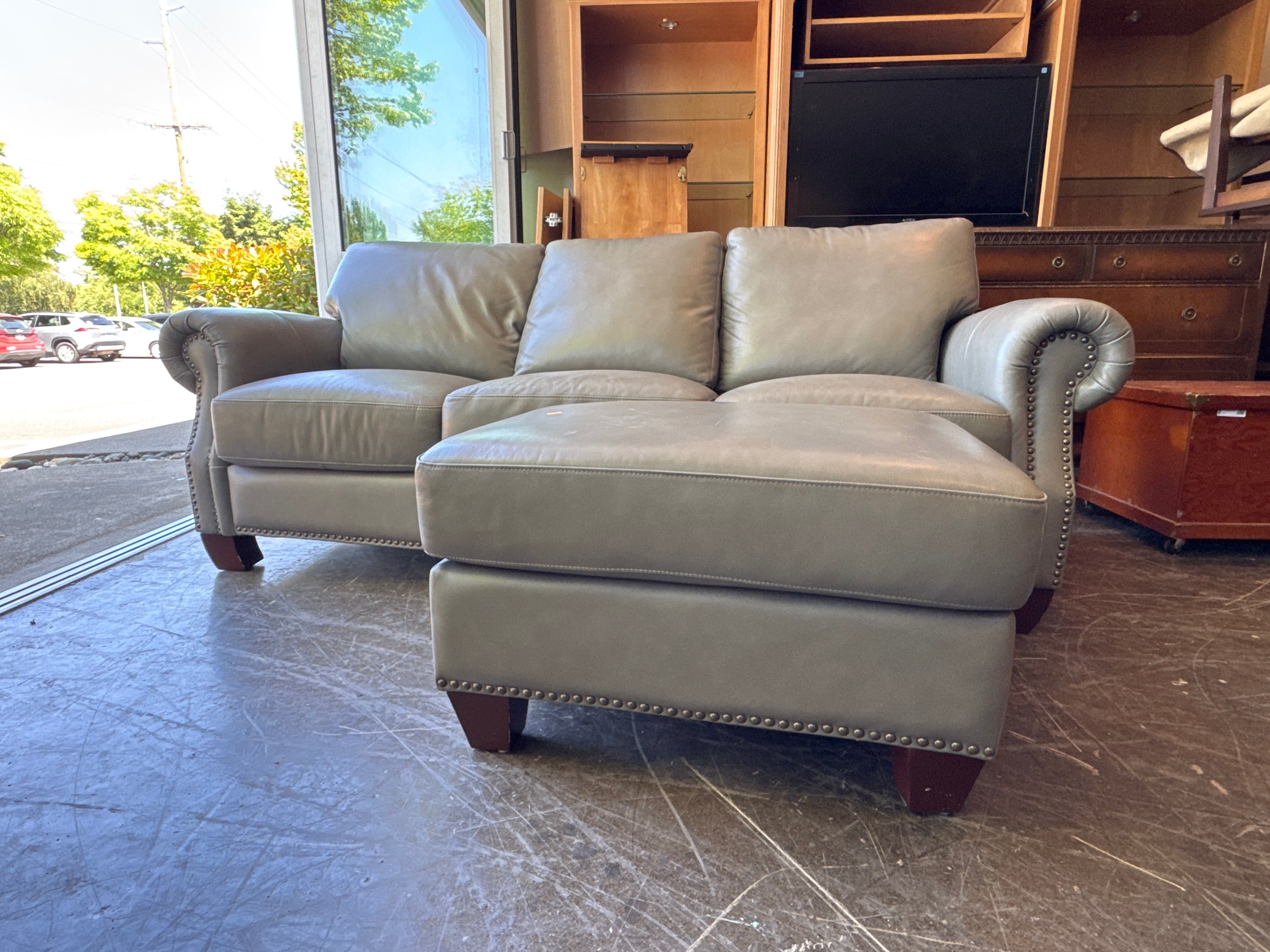 AbbySon Living Gray Leather Sofa and Ottoman