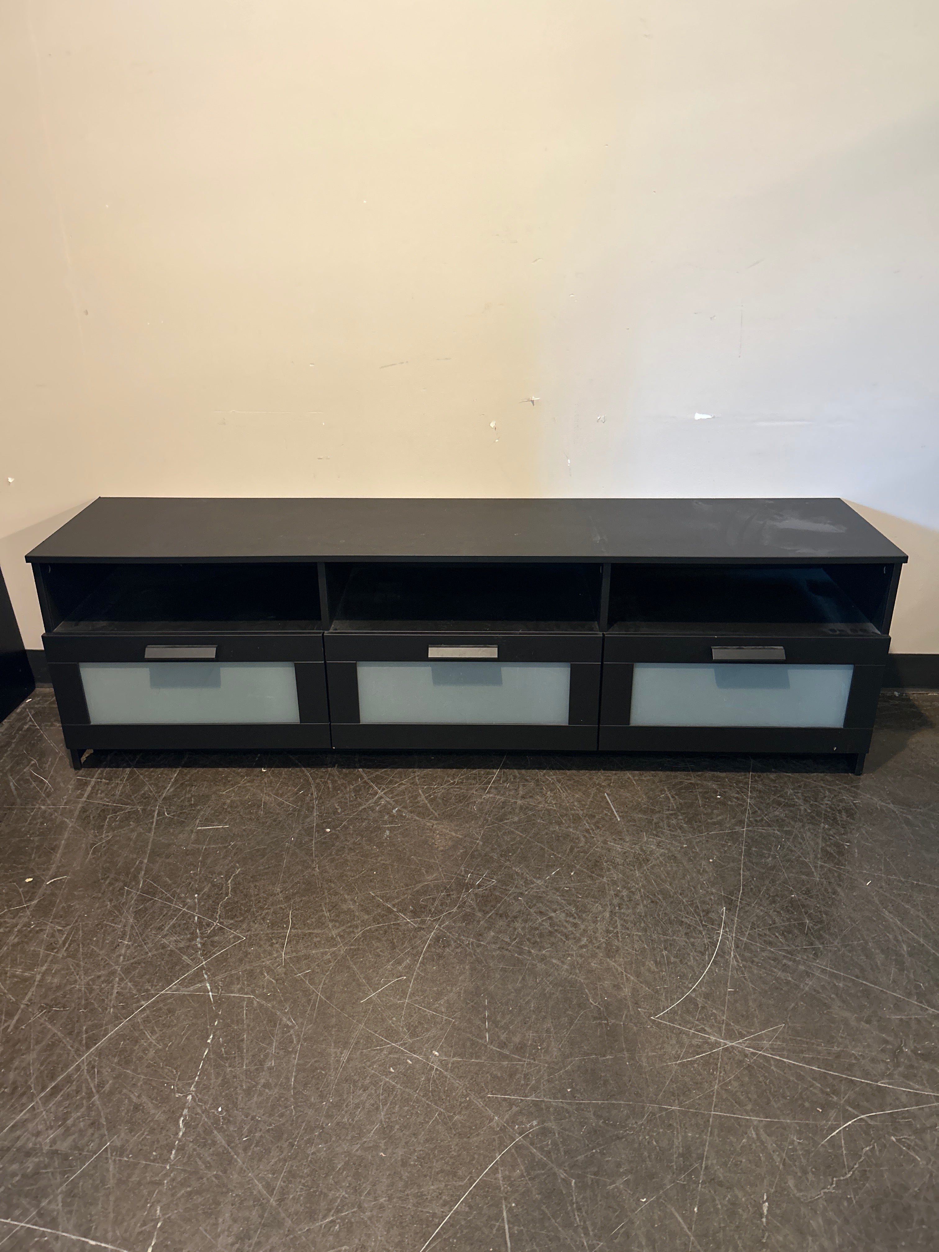 Modern Black Media Console with Frosted Glass Drawers