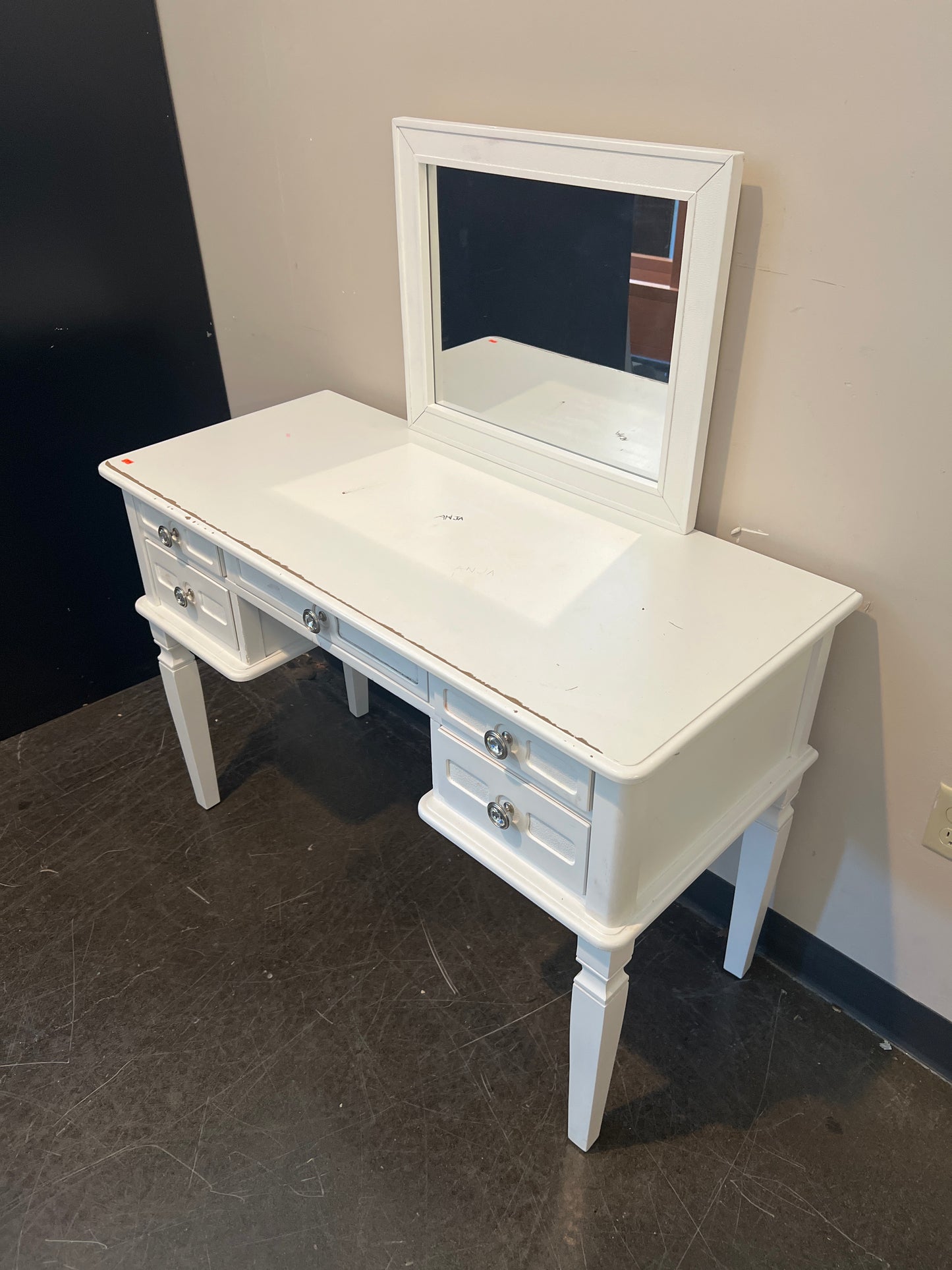 White Distressed Vanity Table with Mirror and Drawers