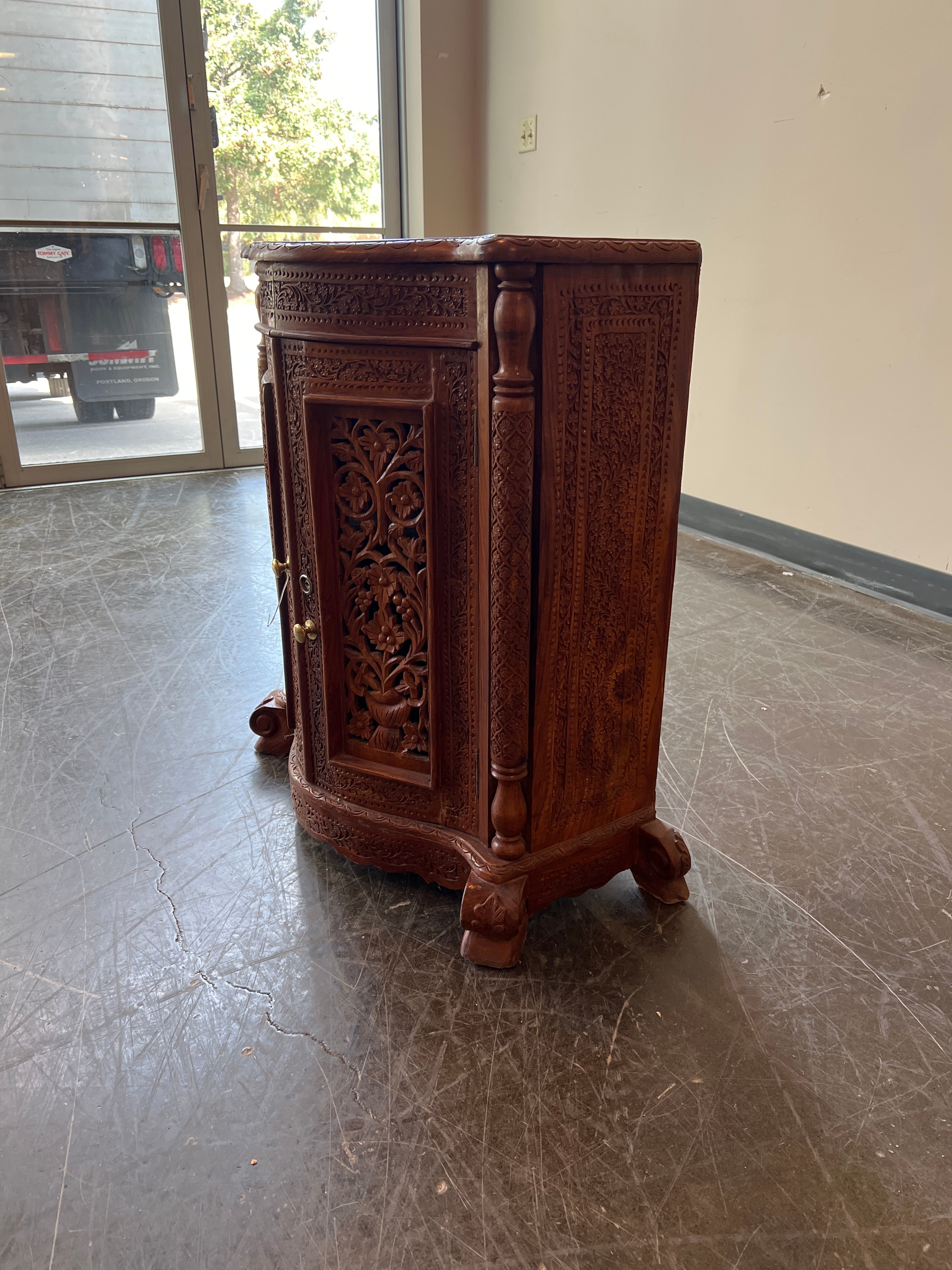 Intricate Carved Wood Corner Cabinet
