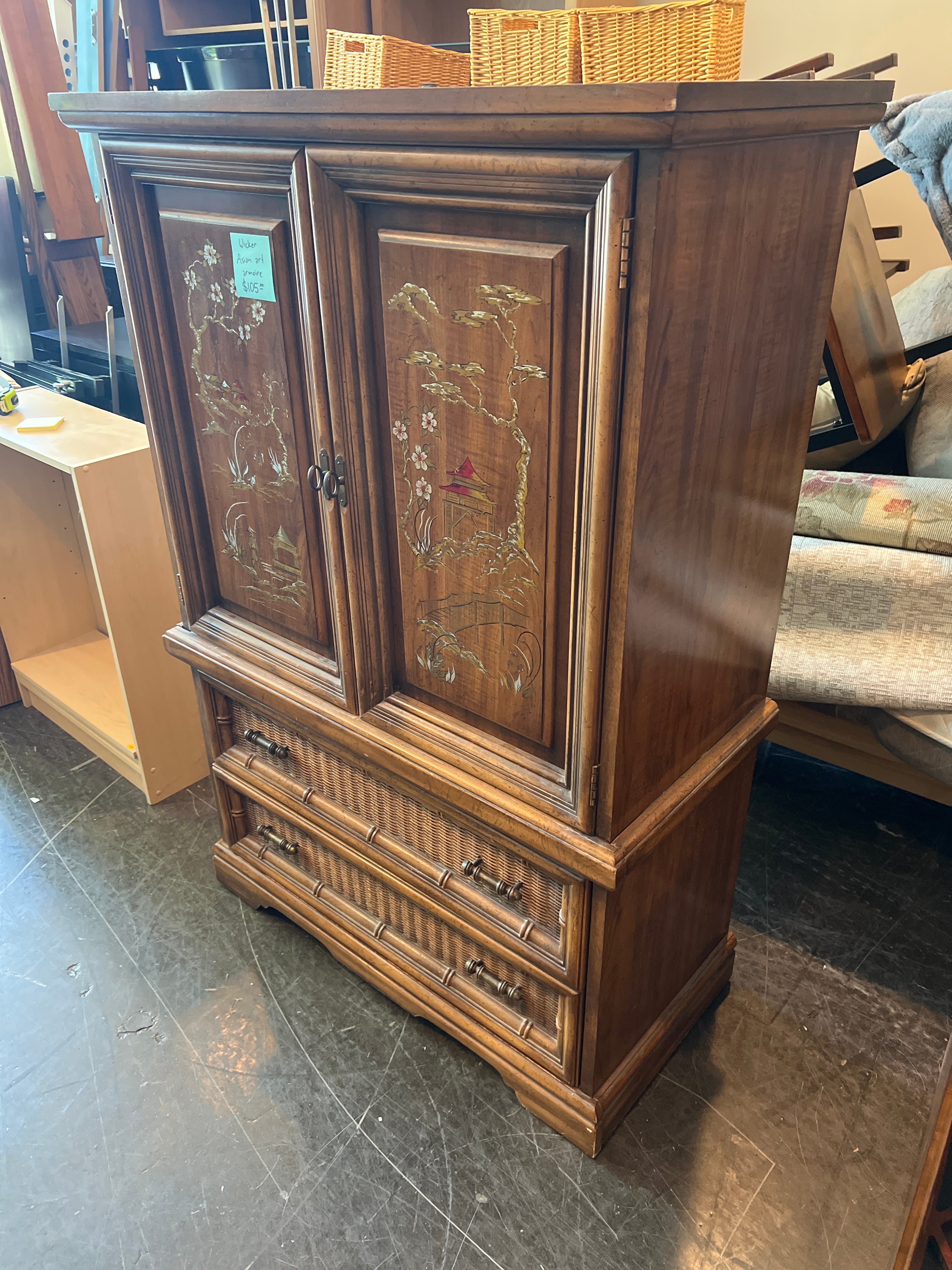 Vintage Bamboo Style Cabinet with Carved Panels