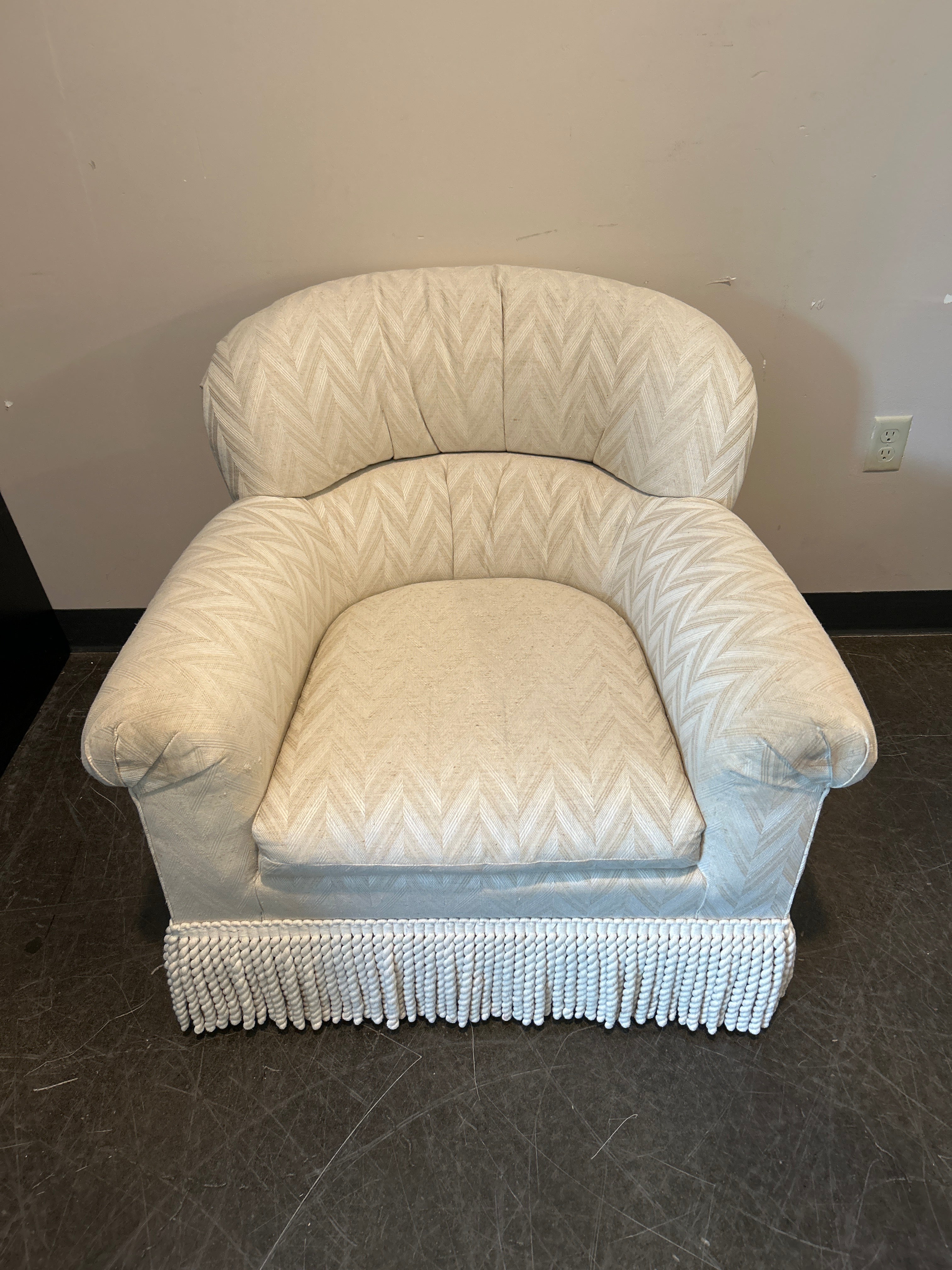 Heirloom Designer Upholstery Brand Club Chair – Chevron Fabric with Fringe