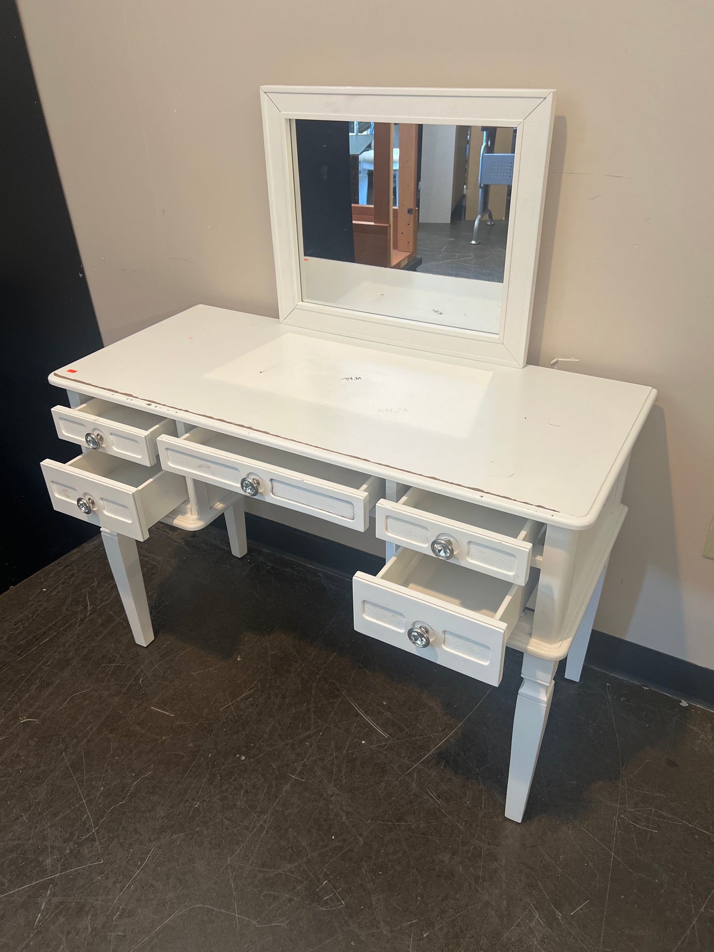 White Distressed Vanity Table with Mirror and Drawers