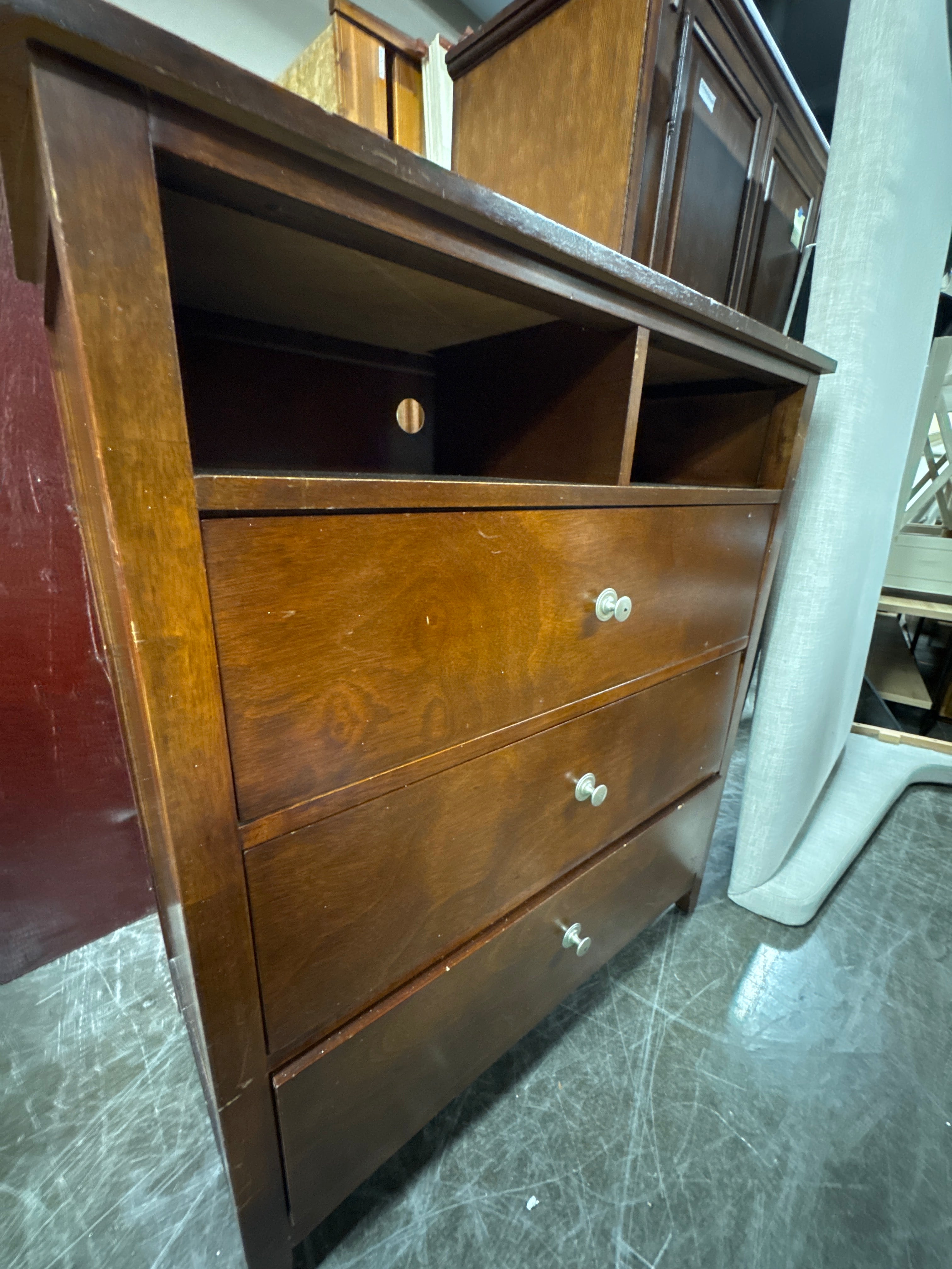 Rich Hardwood Three-Drawer Chest with Media Shelf