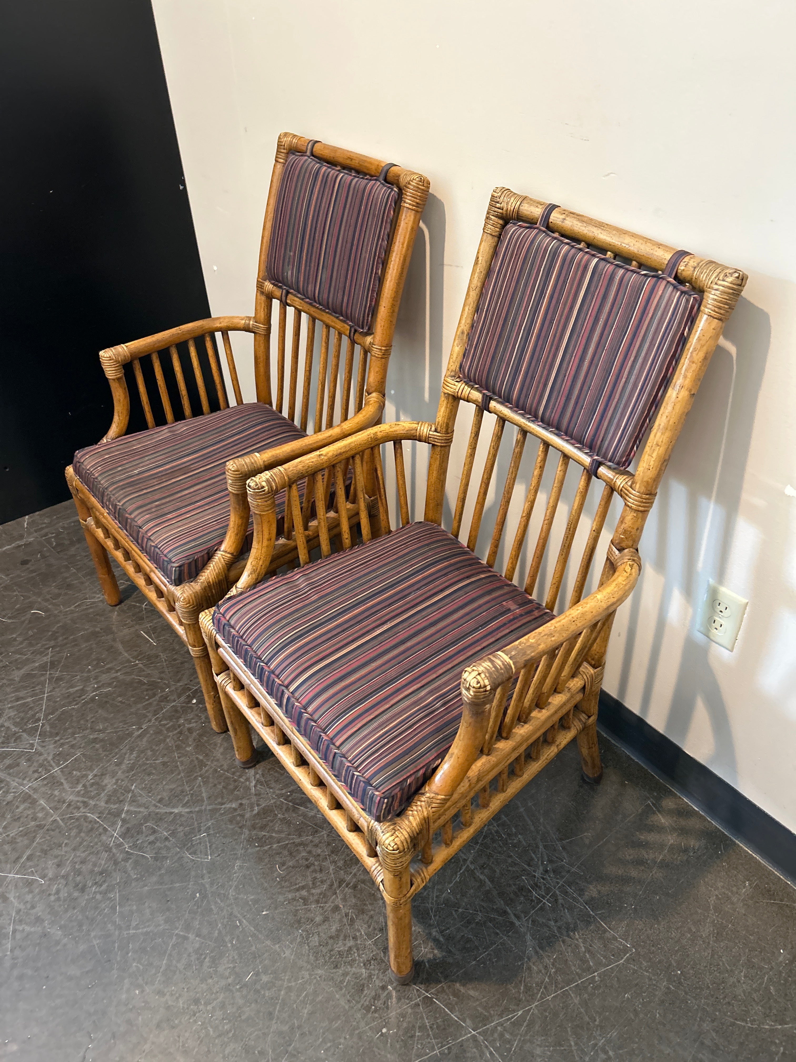 Henredon Bamboo Rattan Captain’s Chair Set – Striped Cushion, with Arms