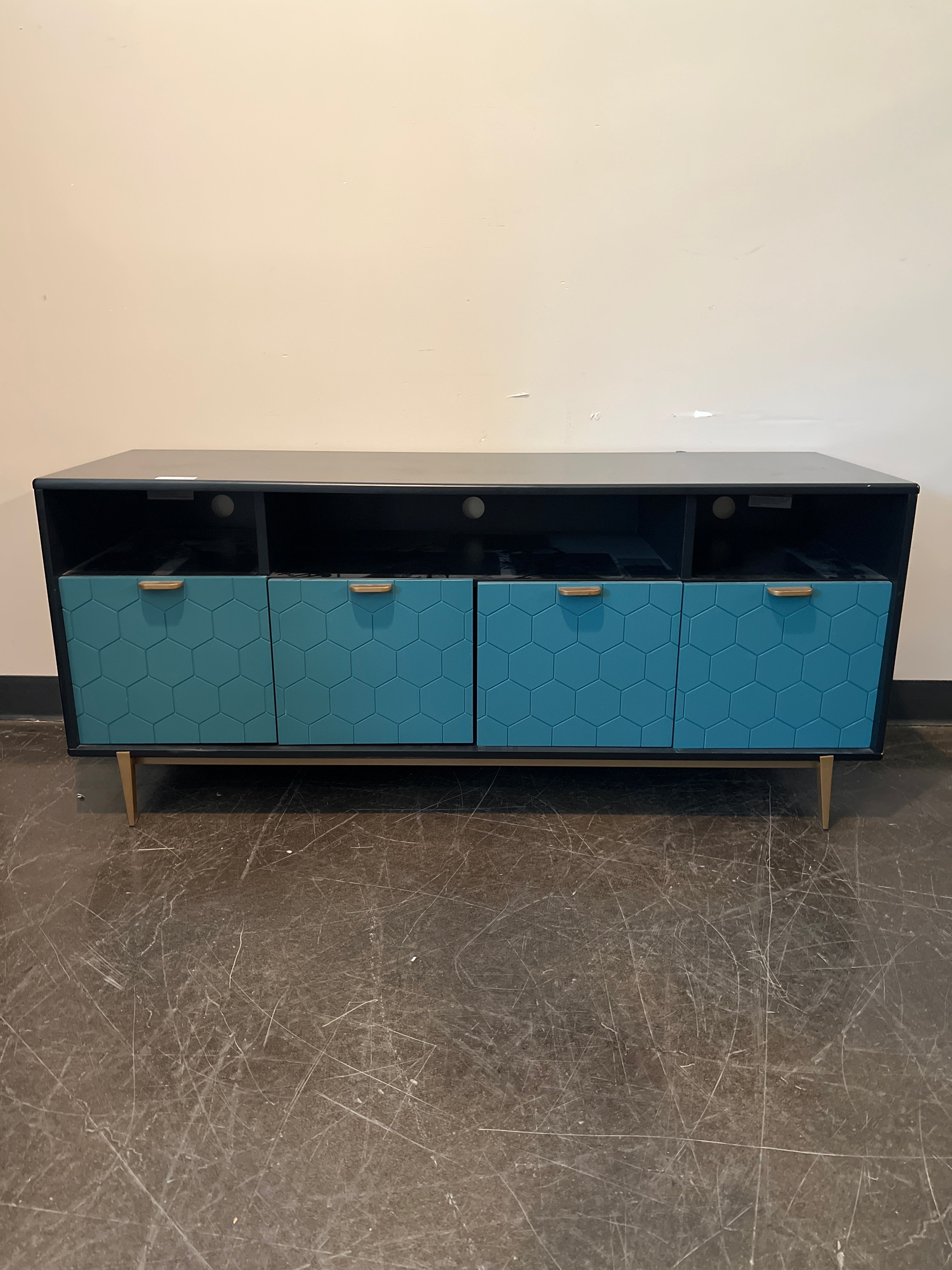 Modern Black Media Console with Hex Pattern Doors