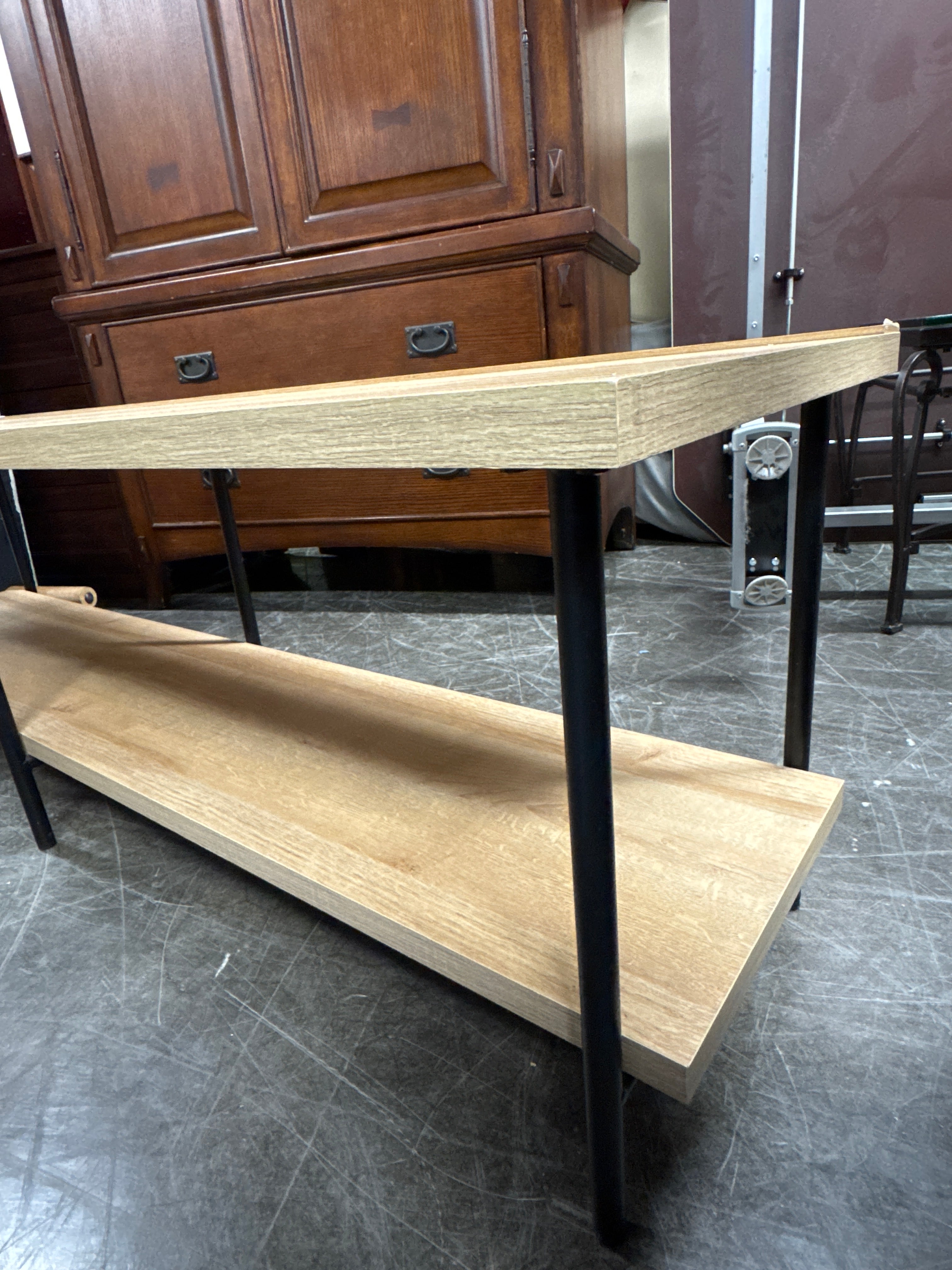 Two-Tiered Light Wood Console Table with Black Metal Legs