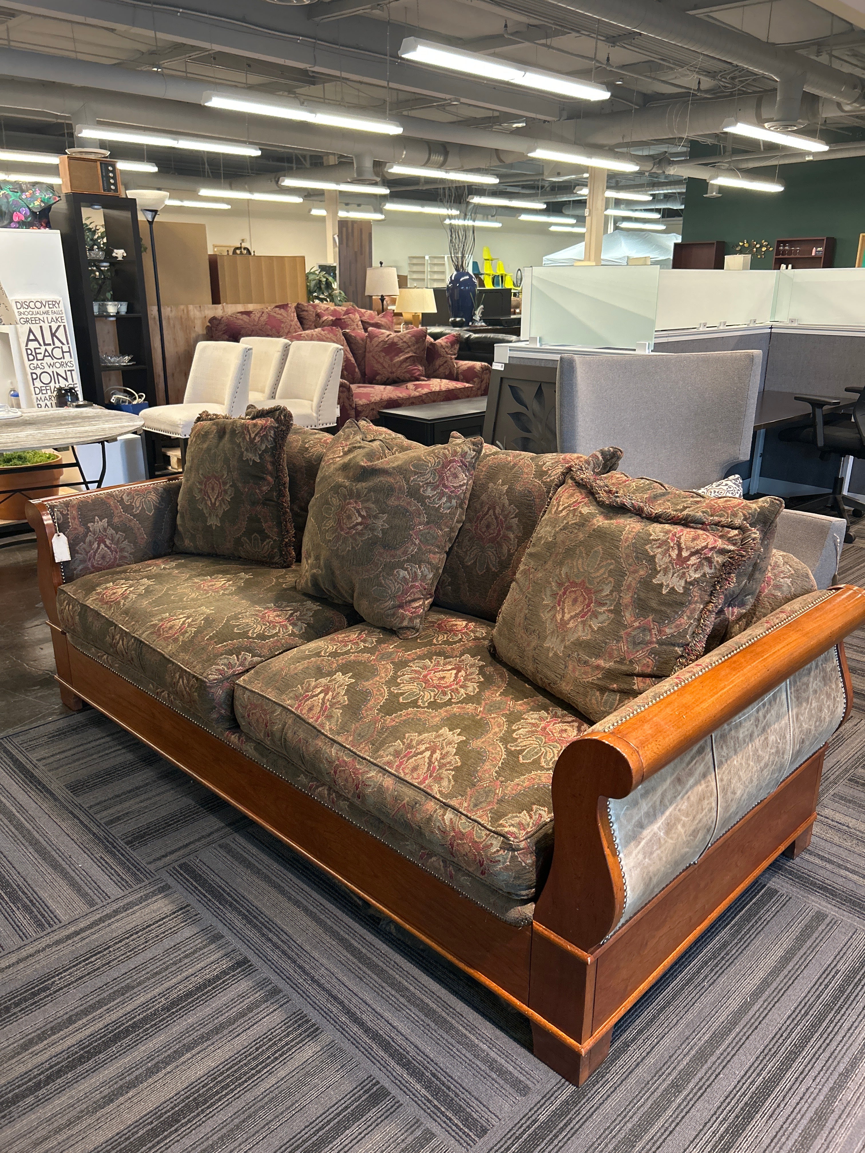 Custom Floral Patterned Wood Trim Sofa in Good Condition -
