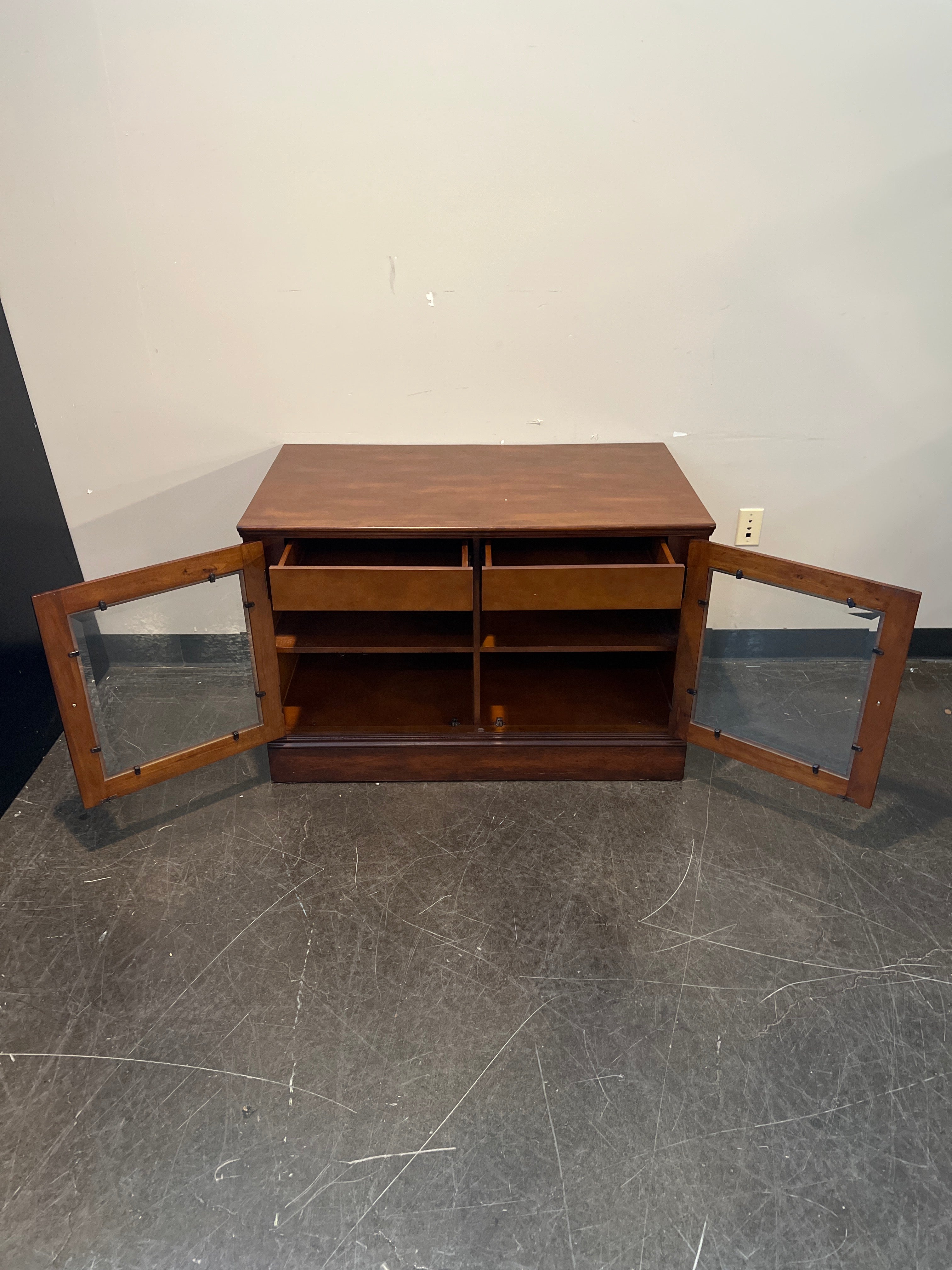 Rich Brown Wood Media Cabinet with Glass Doors