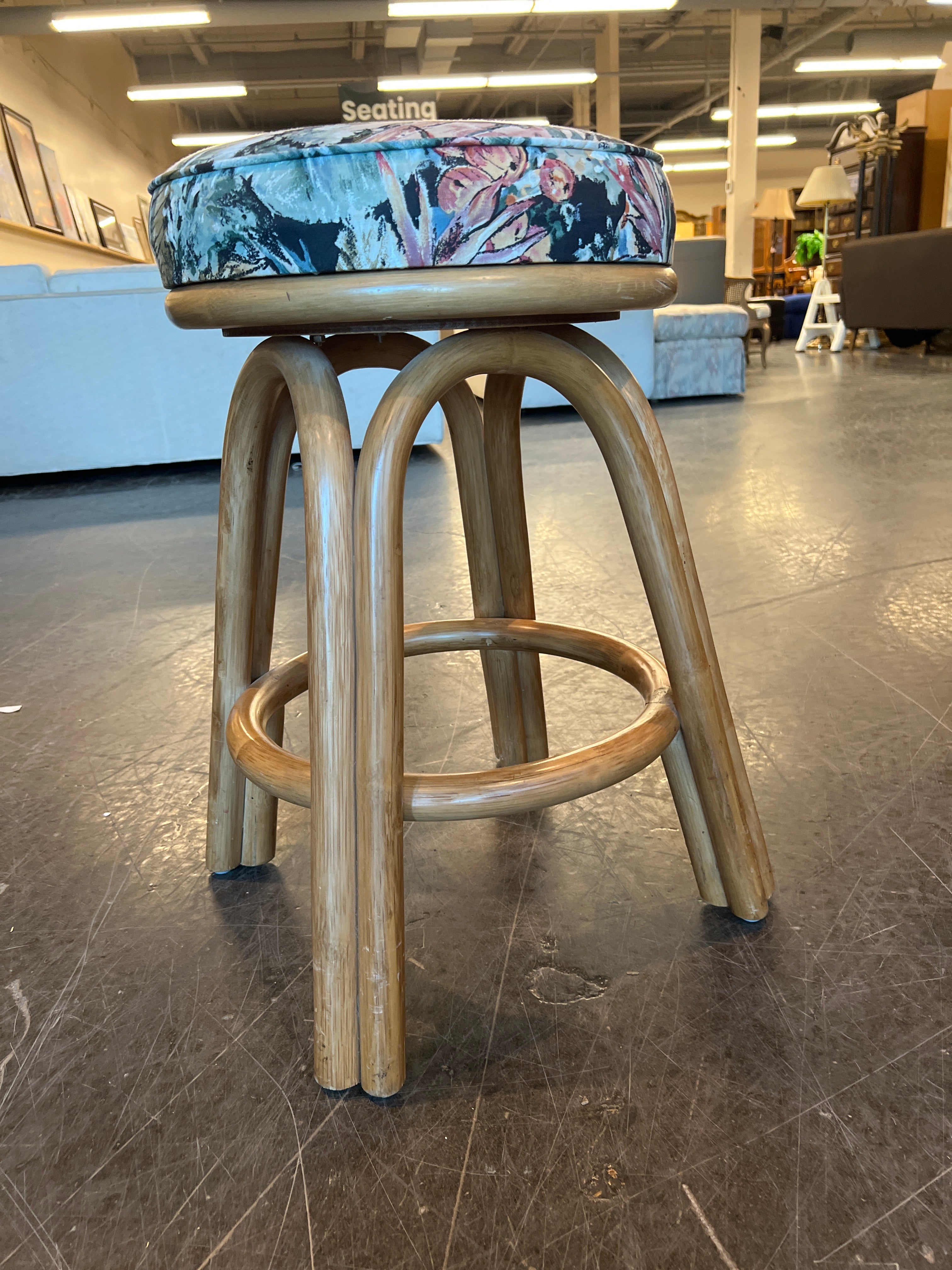 Rattan Bar Stool with Tropical Floral Cushion