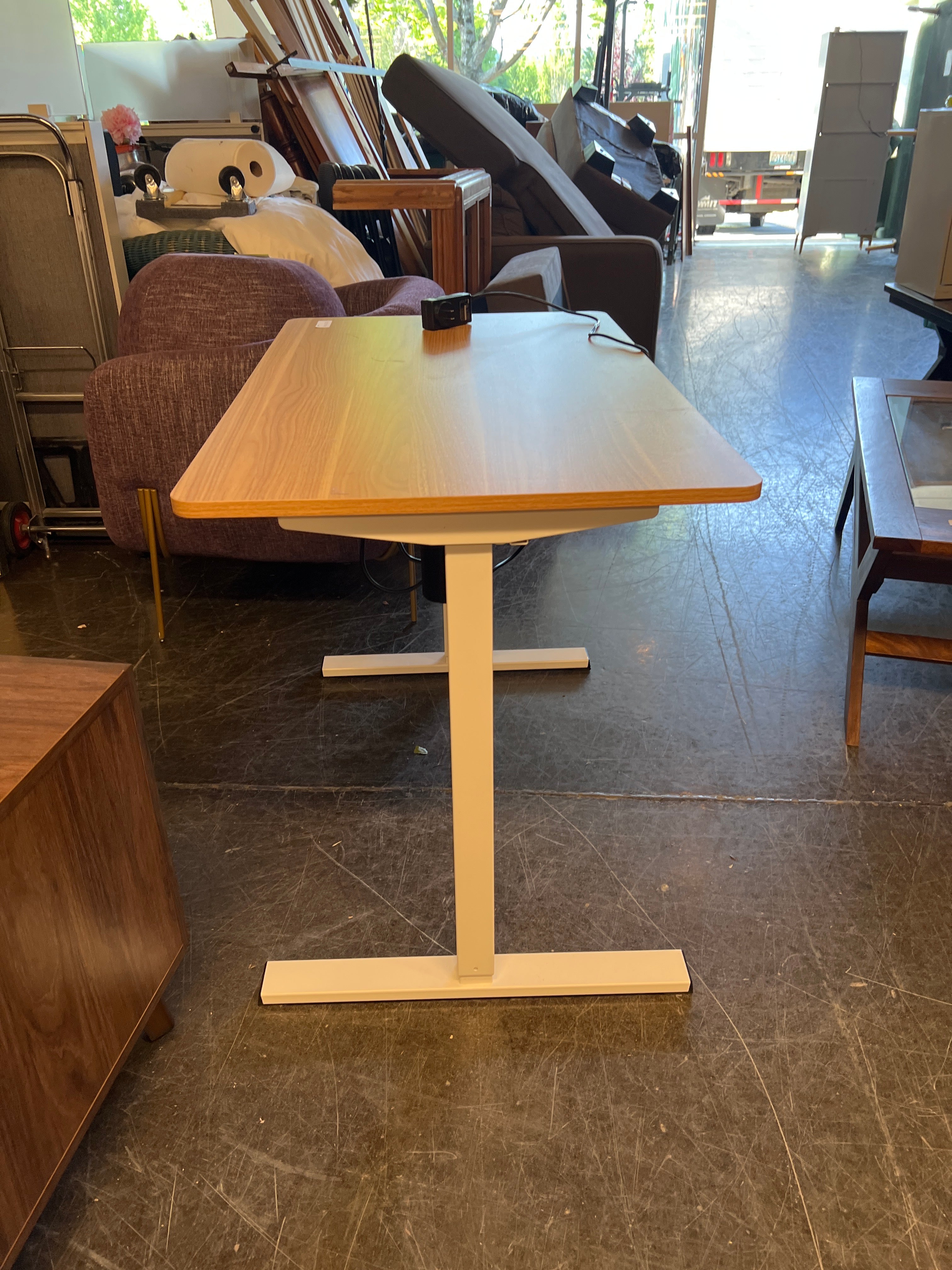 Electric Sit-Stand Desk with White Base and Woodgrain Top