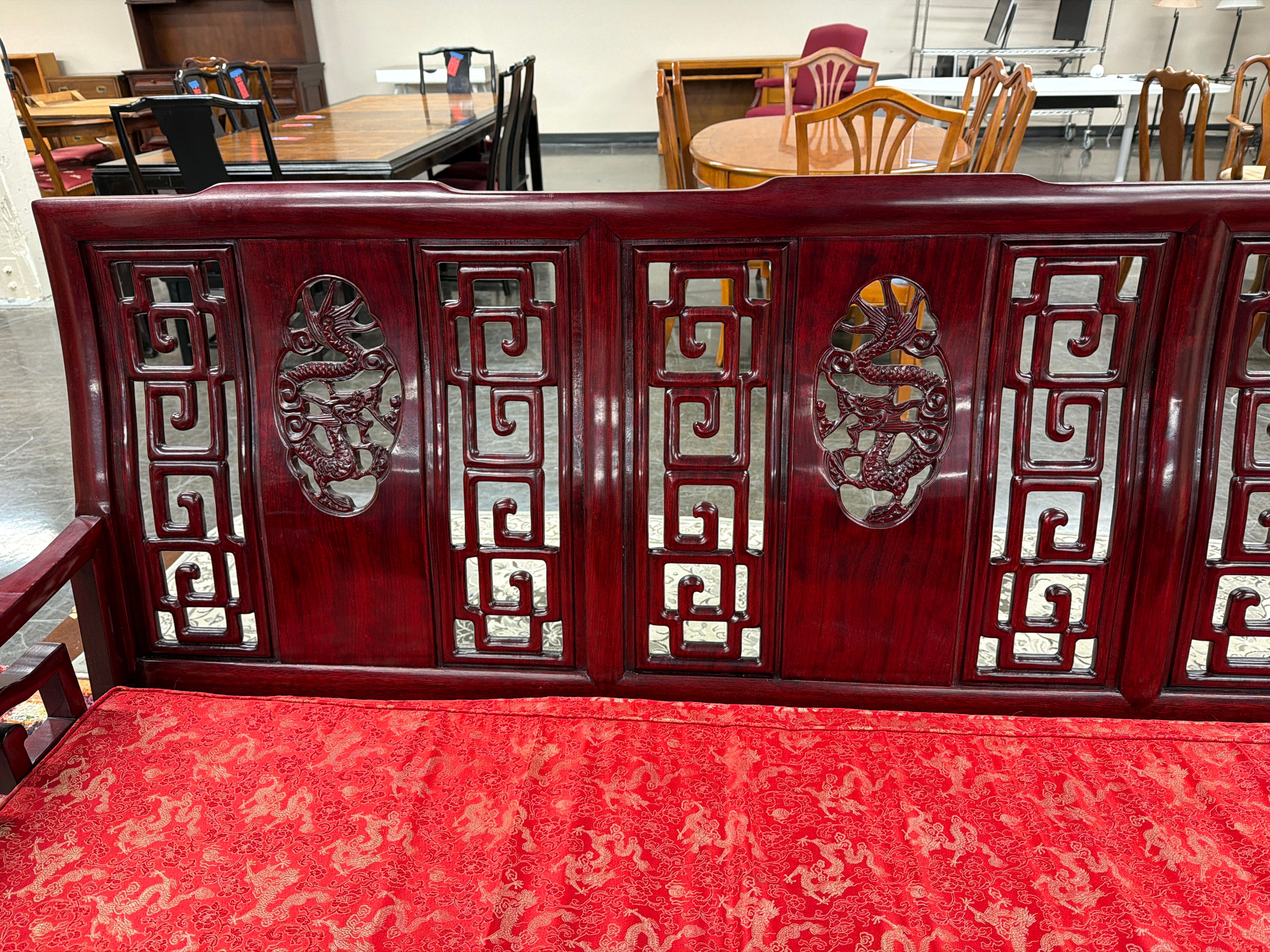 Dark Wood Asian Style Couch with Red Cushion