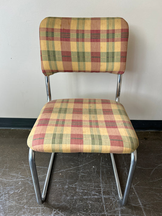 Retro Chrome Cantilever Chairs with Plaid Upholstery